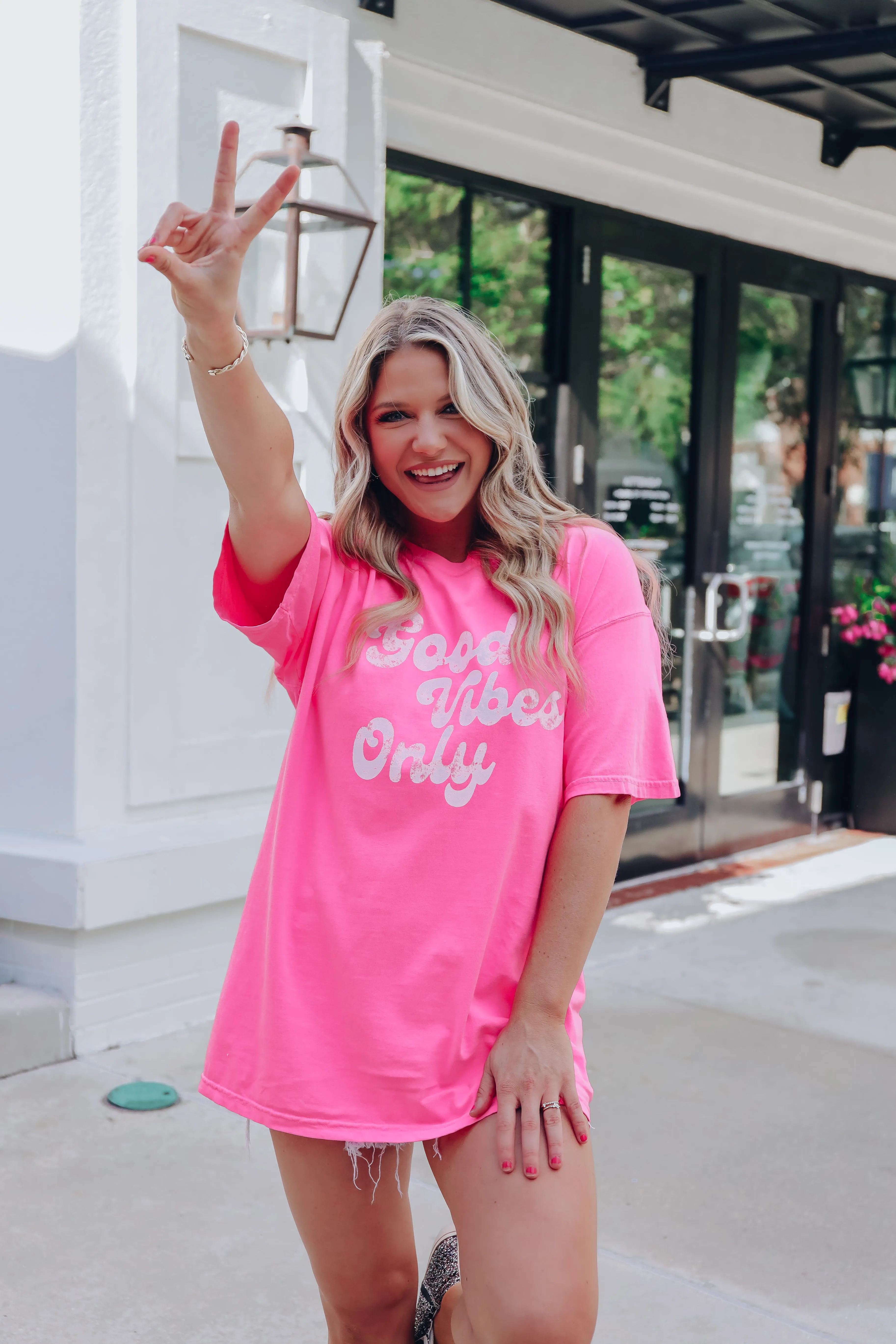 Neon Good Vibes Only Graphic Tee - Neon Pink