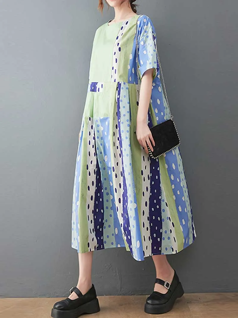 Polka Dot Print Round-Neck Short Sleeves A-Line Dress Dress