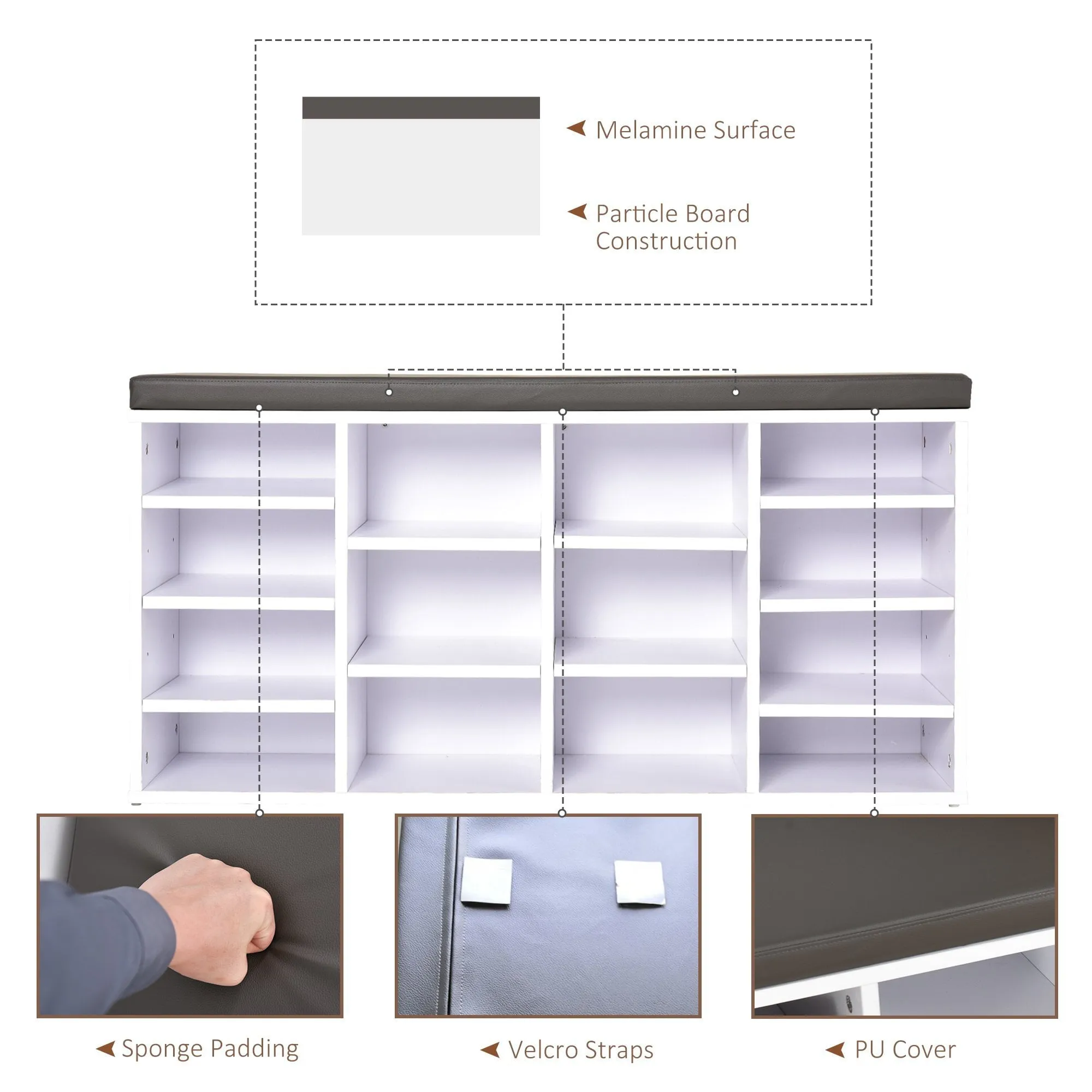 PU Leather 14-Compartment Shoe Storage Bench Brown/White