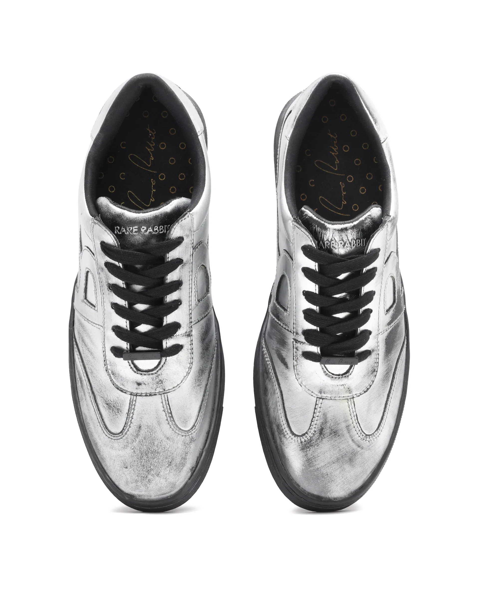 Rare Rabbit Mens Mercure Metallic Silver Round Toe Shiny Burnt Leather Sneaker Shoes