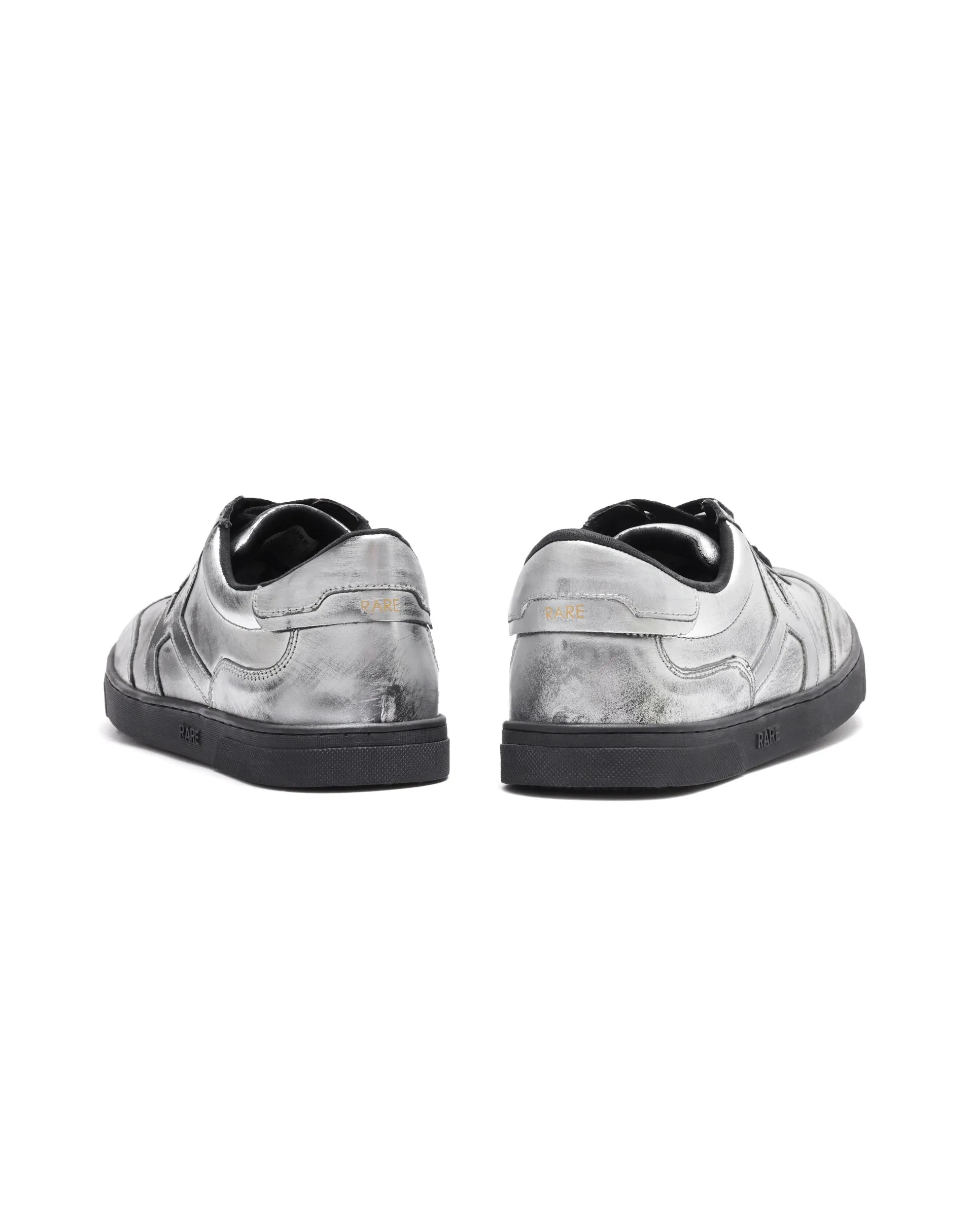 Rare Rabbit Mens Mercure Metallic Silver Round Toe Shiny Burnt Leather Sneaker Shoes