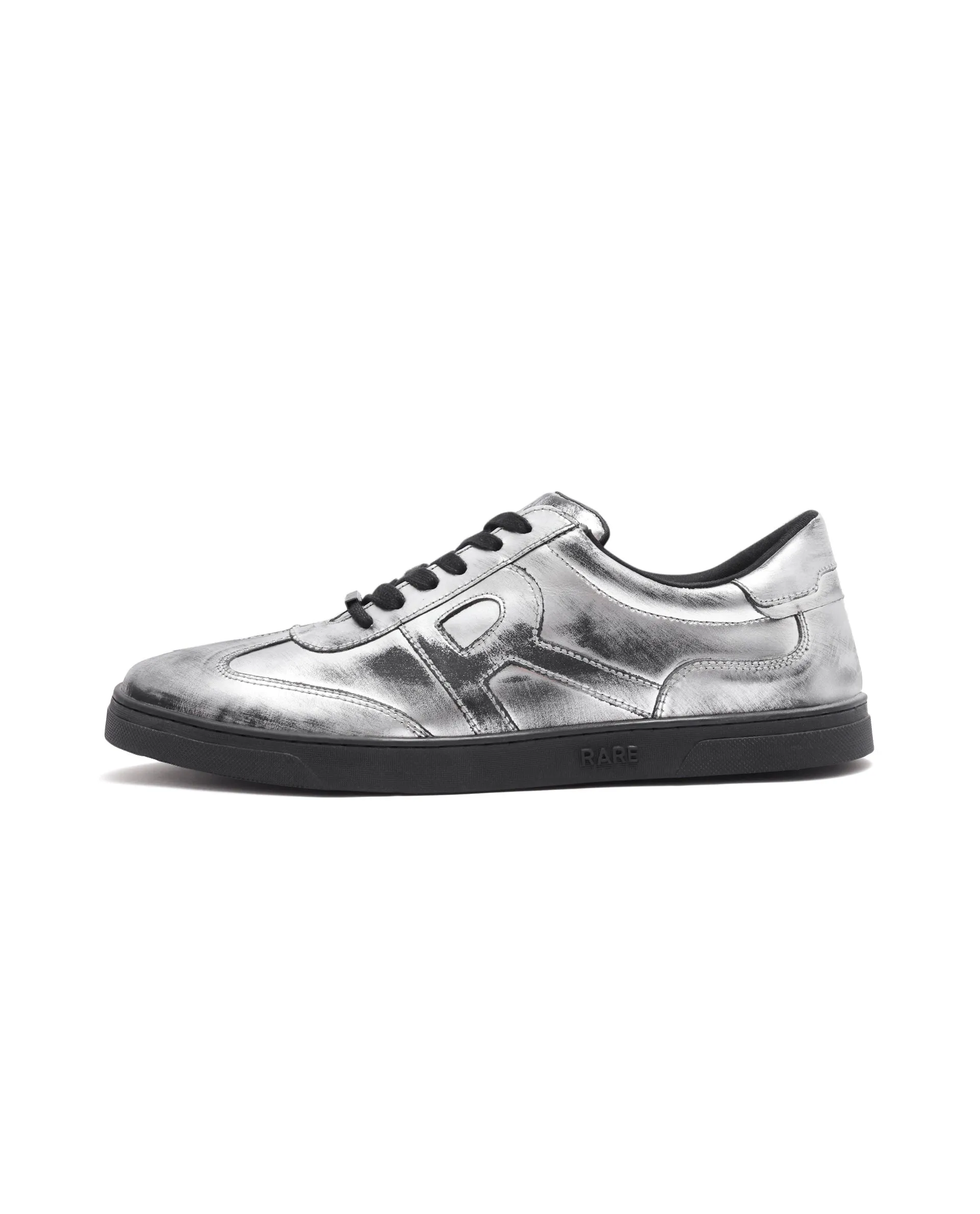 Rare Rabbit Mens Mercure Metallic Silver Round Toe Shiny Burnt Leather Sneaker Shoes