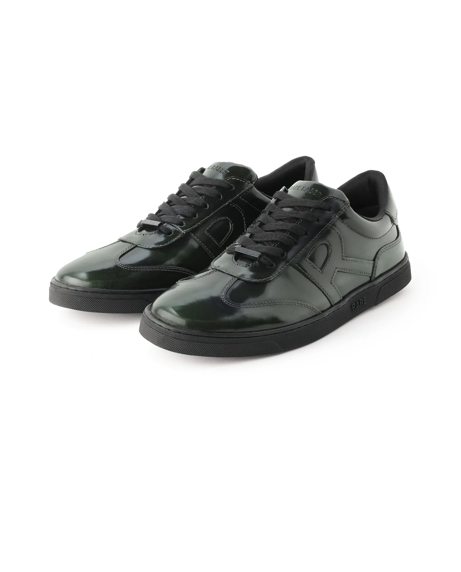 Rare Rabbit Mens Mercury Green Shiny Brush Off Leather Lace Up Low Top Round Toe Smart Casual Sneaker Shoes