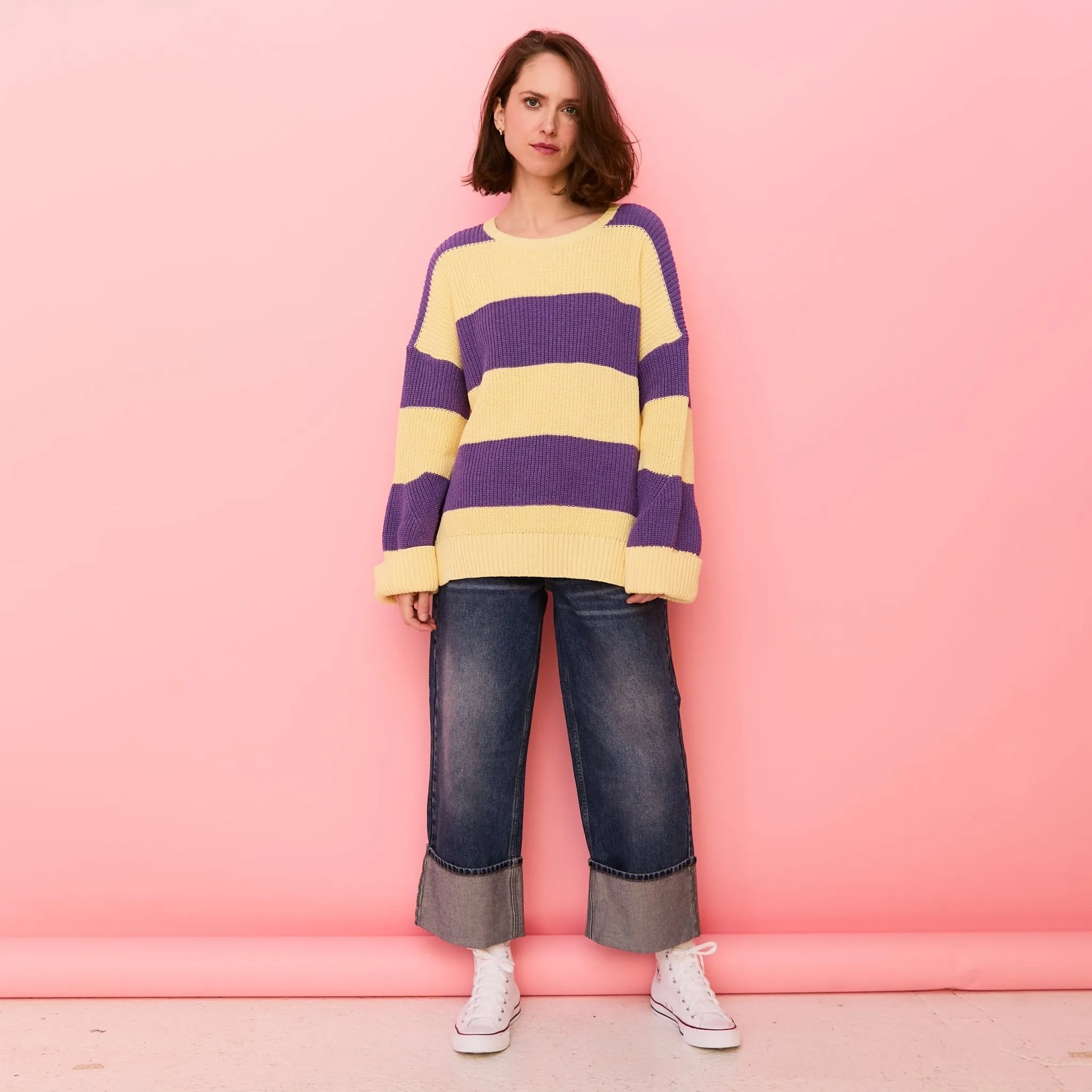 Rhiannon Recycled Cotton Mix Stripe Jumper - Purple and Yellow