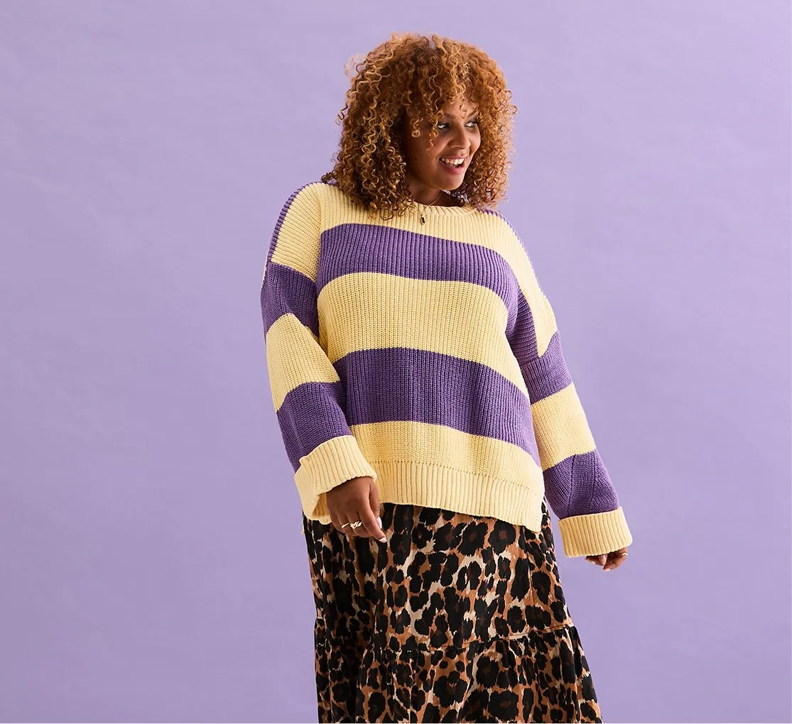 Rhiannon Recycled Cotton Mix Stripe Jumper - Purple and Yellow