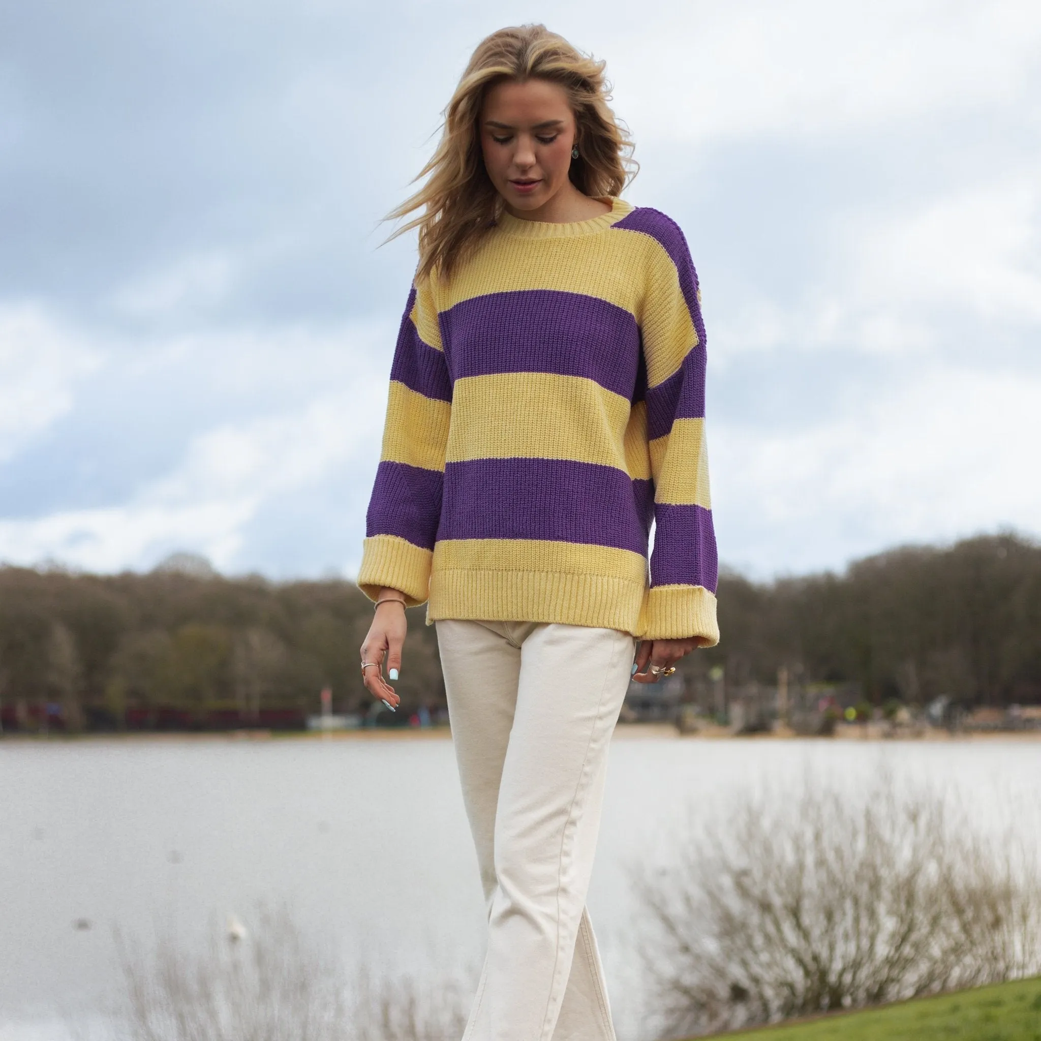 Rhiannon Recycled Cotton Mix Stripe Jumper - Purple and Yellow