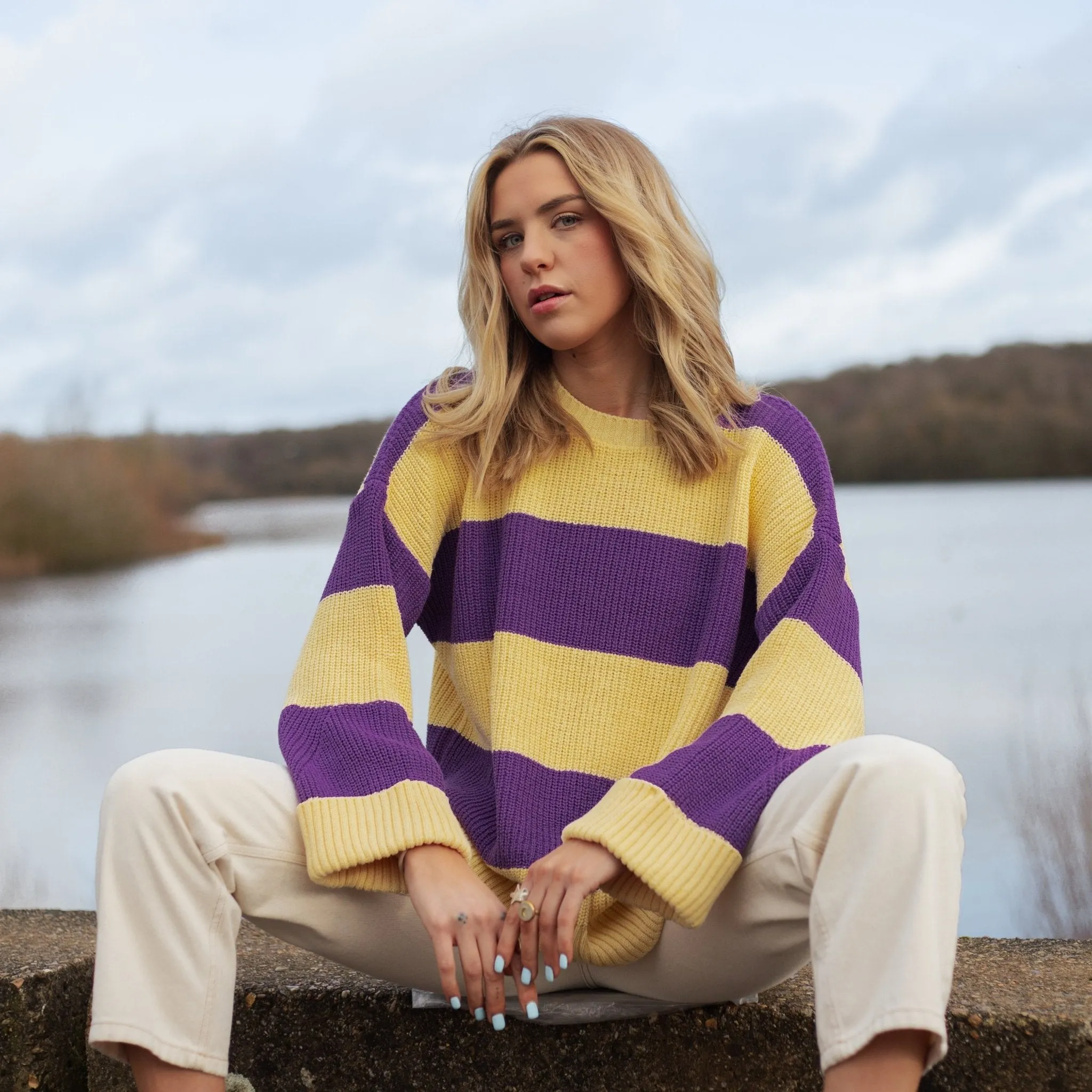 Rhiannon Recycled Cotton Mix Stripe Jumper - Purple and Yellow