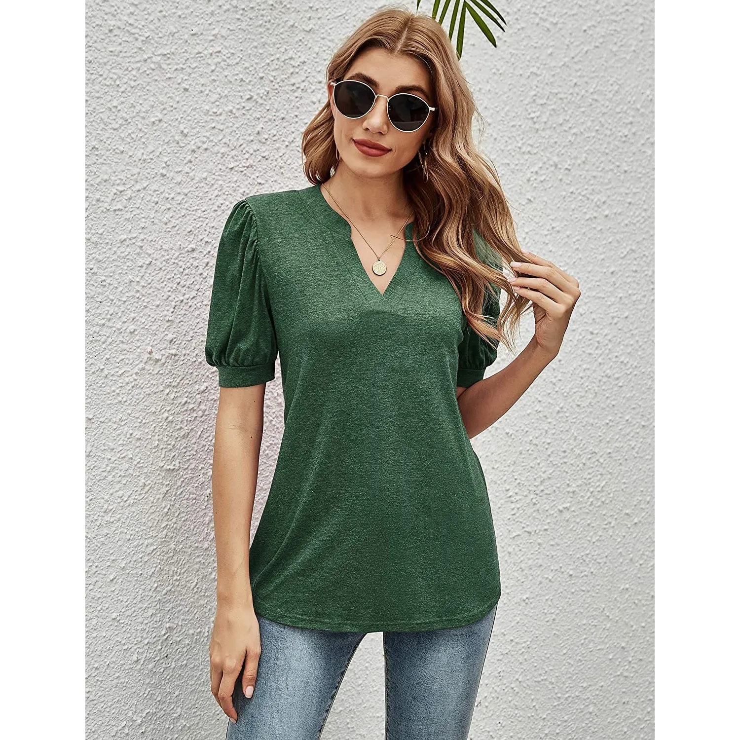 Romanstii Women Casual V-neck T-Shirts Loose Puff Short