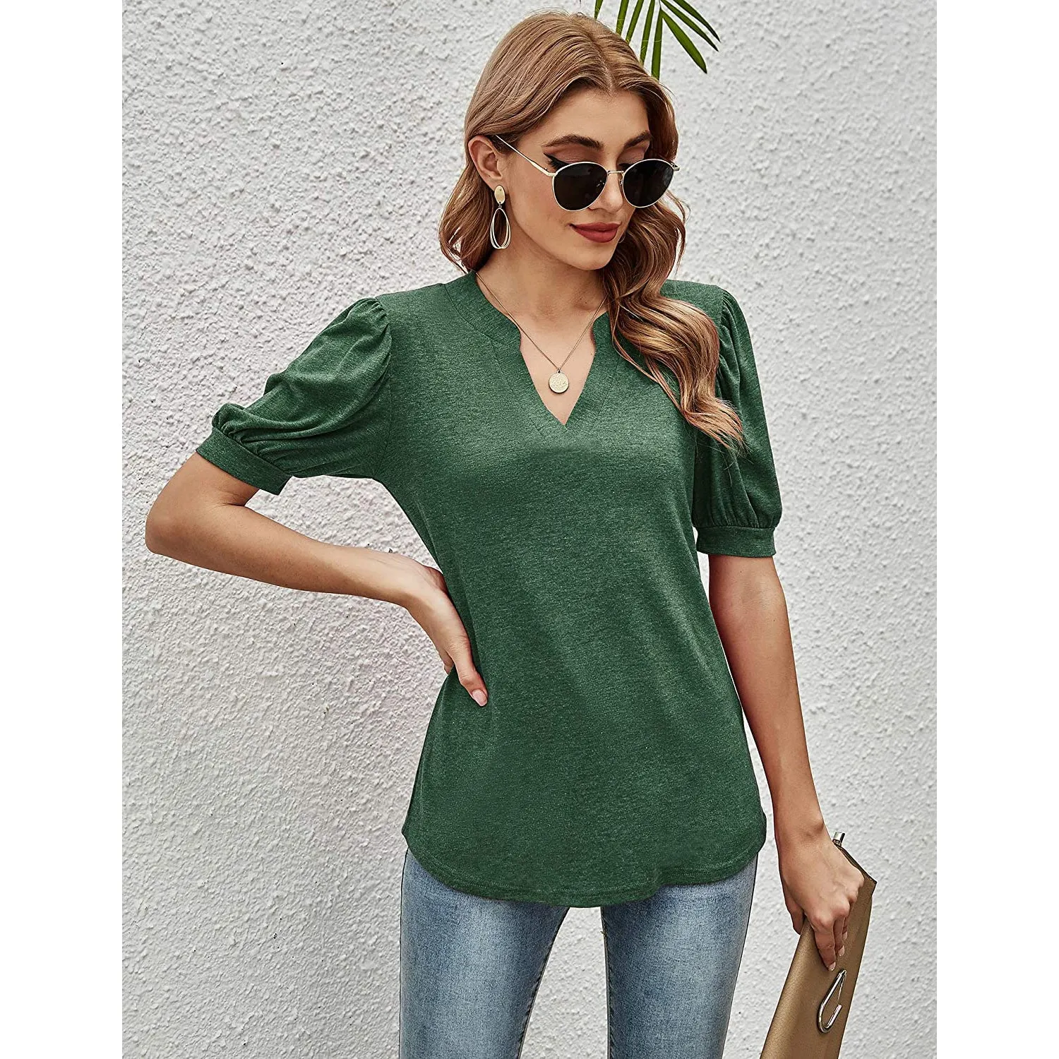 Romanstii Women Casual V-neck T-Shirts Loose Puff Short