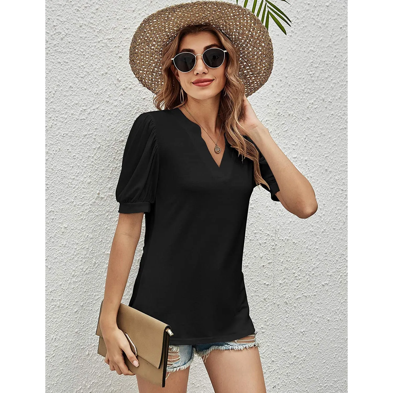 Romanstii Women Casual V-neck T-Shirts Loose Puff Short