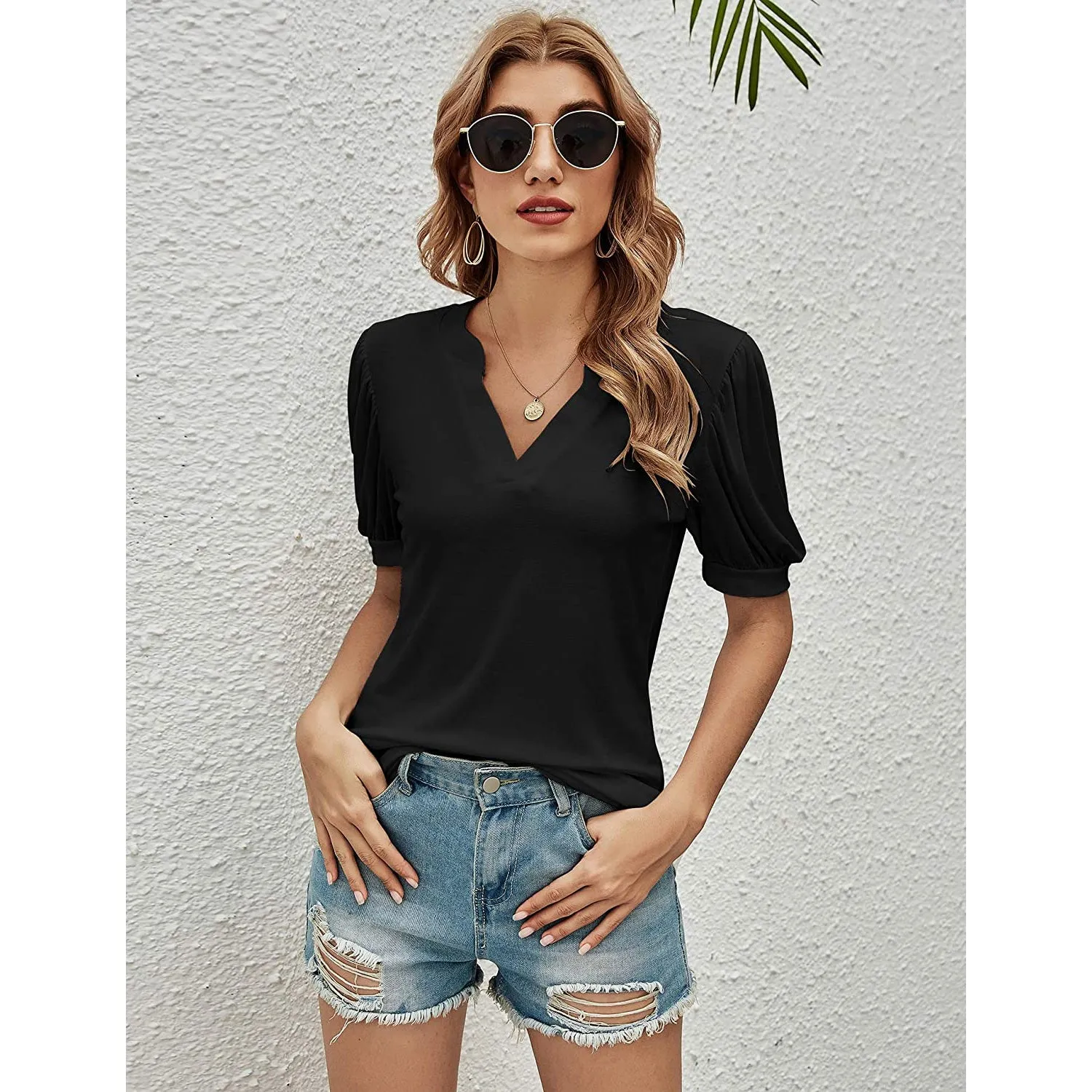 Romanstii Women Casual V-neck T-Shirts Loose Puff Short