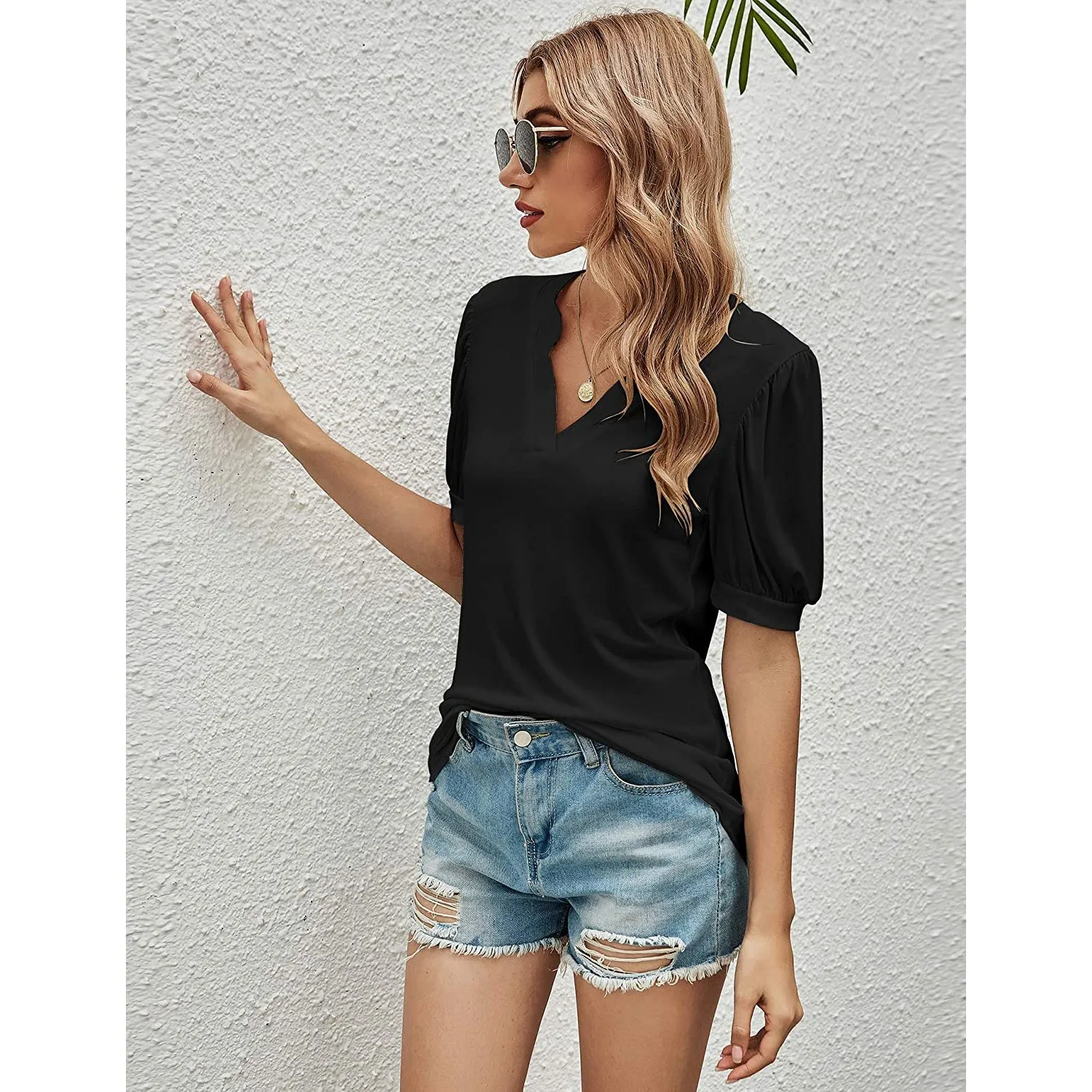 Romanstii Women Casual V-neck T-Shirts Loose Puff Short