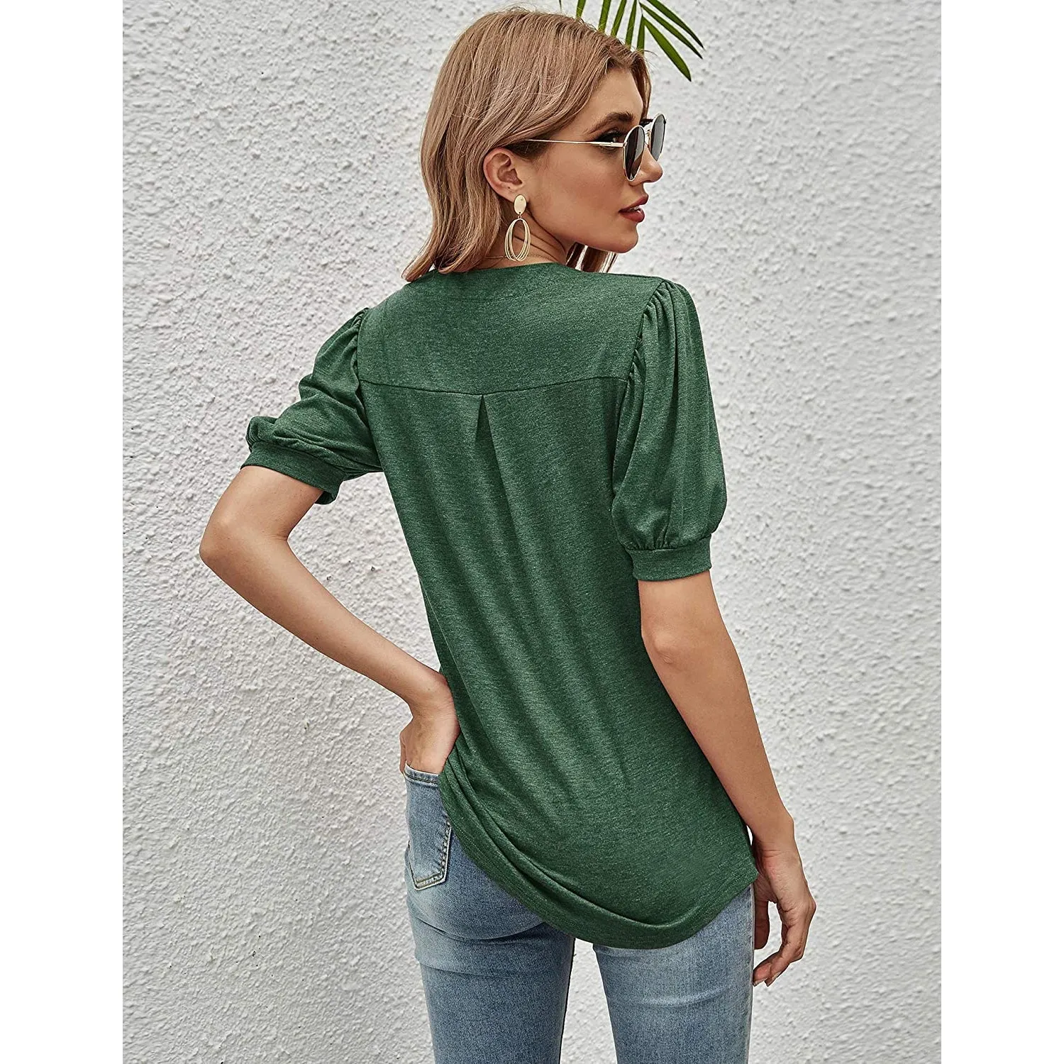 Romanstii Women Casual V-neck T-Shirts Loose Puff Short