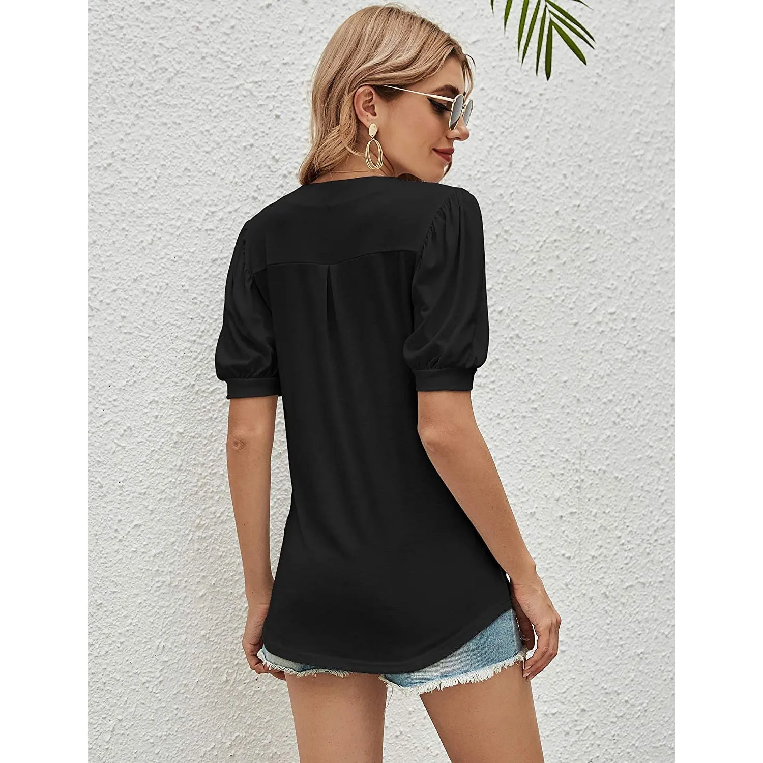 Romanstii Women Casual V-neck T-Shirts Loose Puff Short