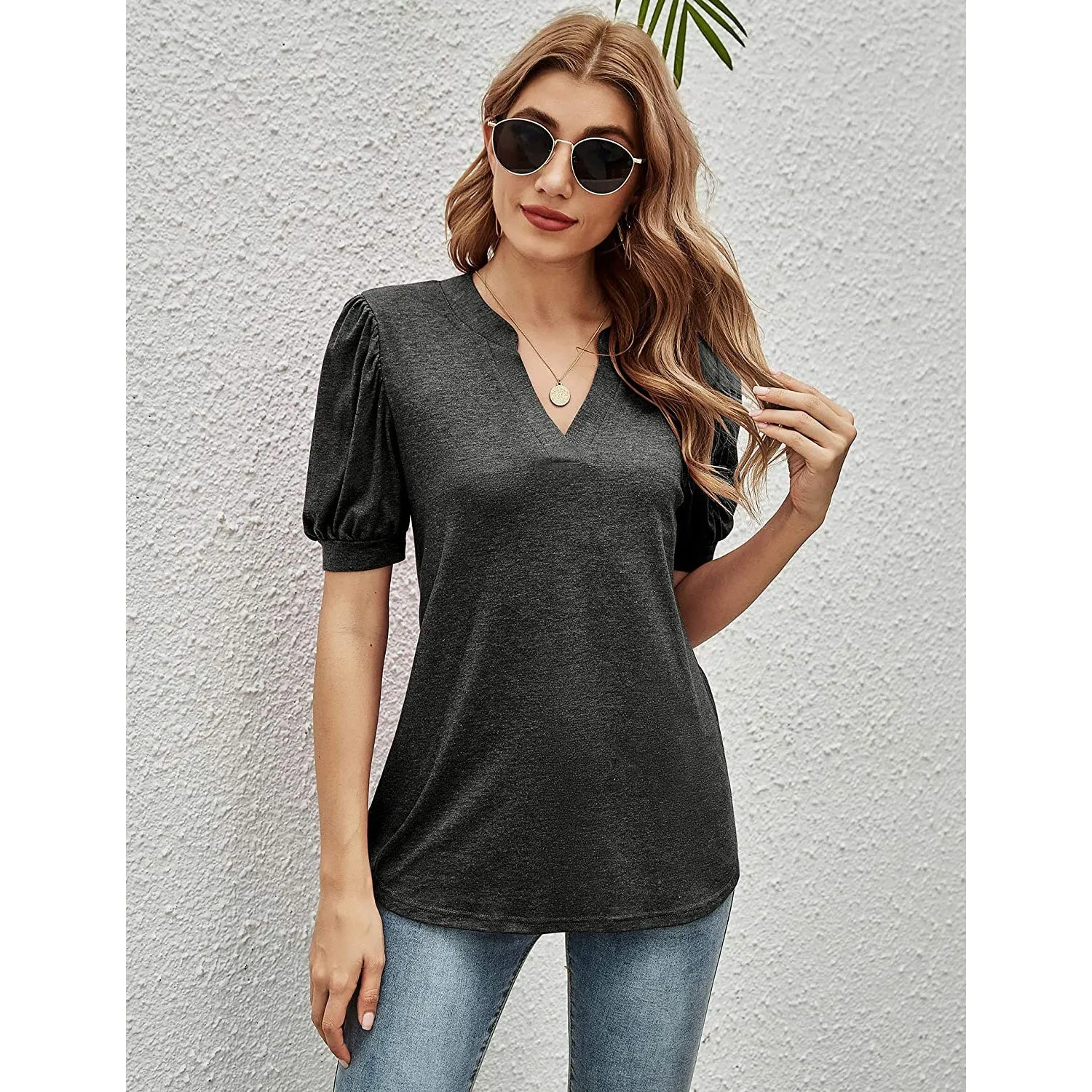 Romanstii Women Casual V-neck T-Shirts Loose Puff Short