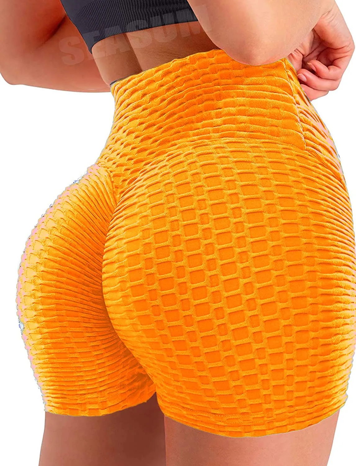 SEASUM Women Workout Shorts Brazilian Textured Booty Leggings Shorts Anti-Cellulite Scrunch Butt Lift