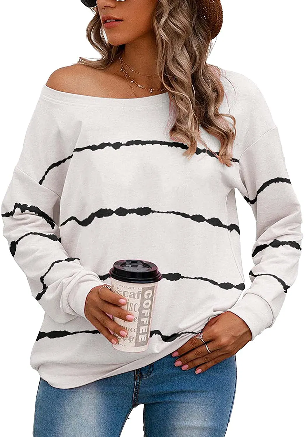 SENFURE Women One Shoulder Sweatshirt Long Sleeve Funny Print Fall Thin Pullover Sweatshirt Top Shirt