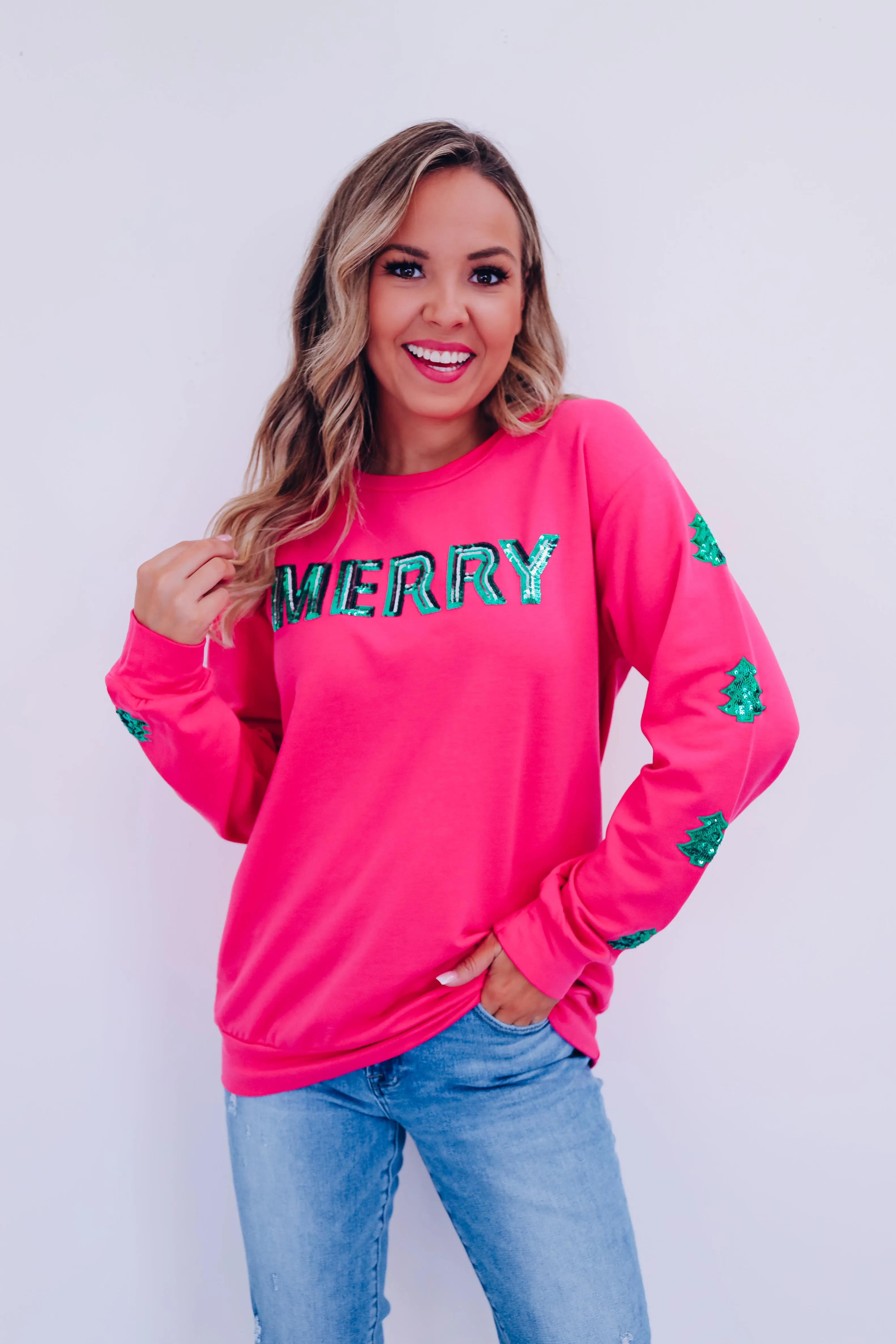 Shiny Sequin "Merry" Sweatshirt - Pink