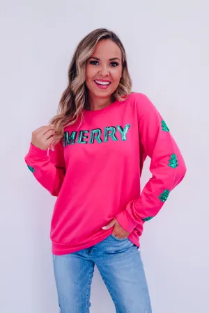 Shiny Sequin "Merry" Sweatshirt - Pink