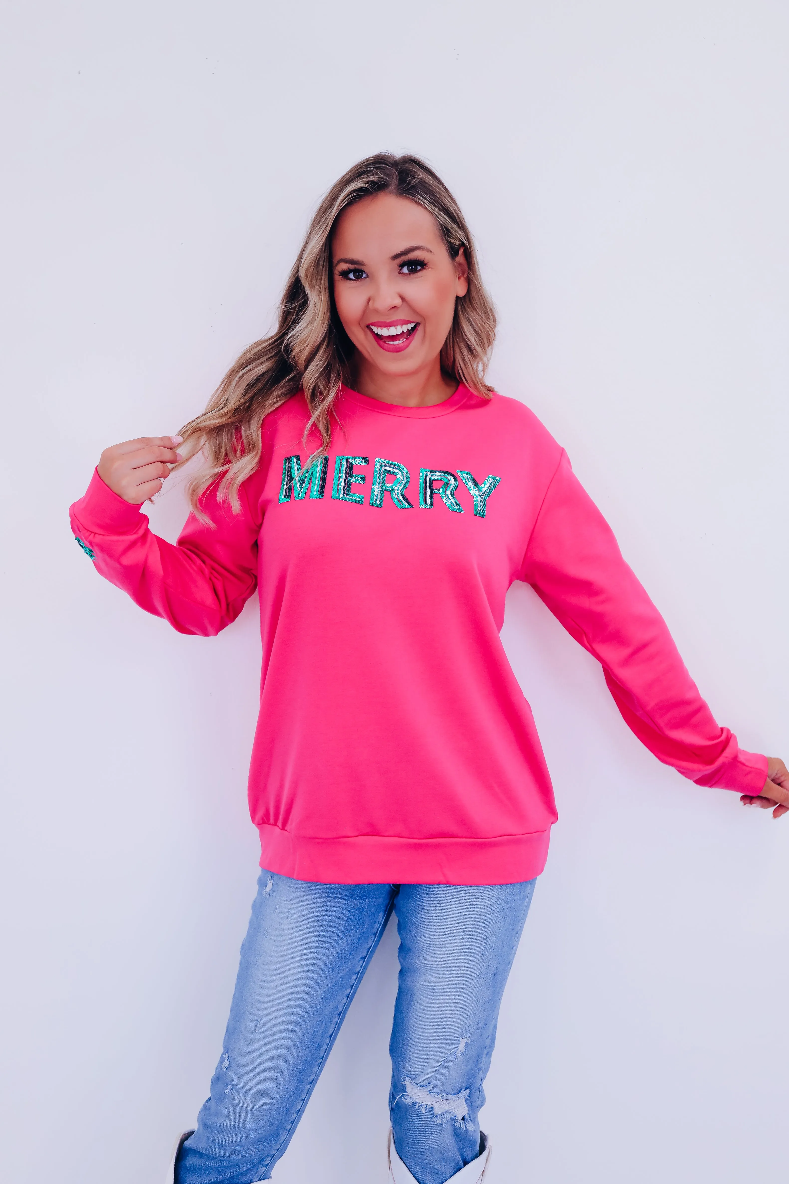 Shiny Sequin "Merry" Sweatshirt - Pink