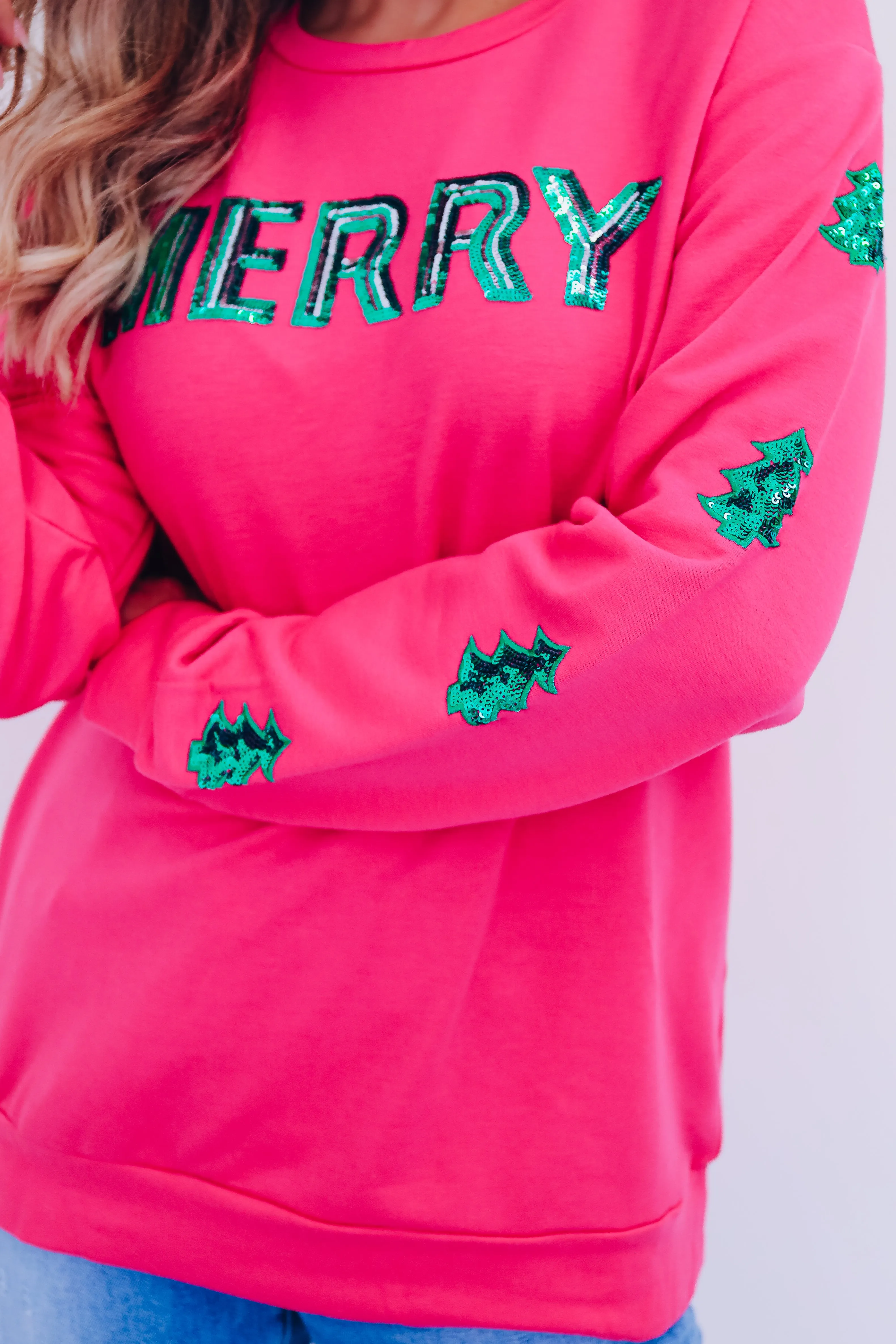 Shiny Sequin "Merry" Sweatshirt - Pink