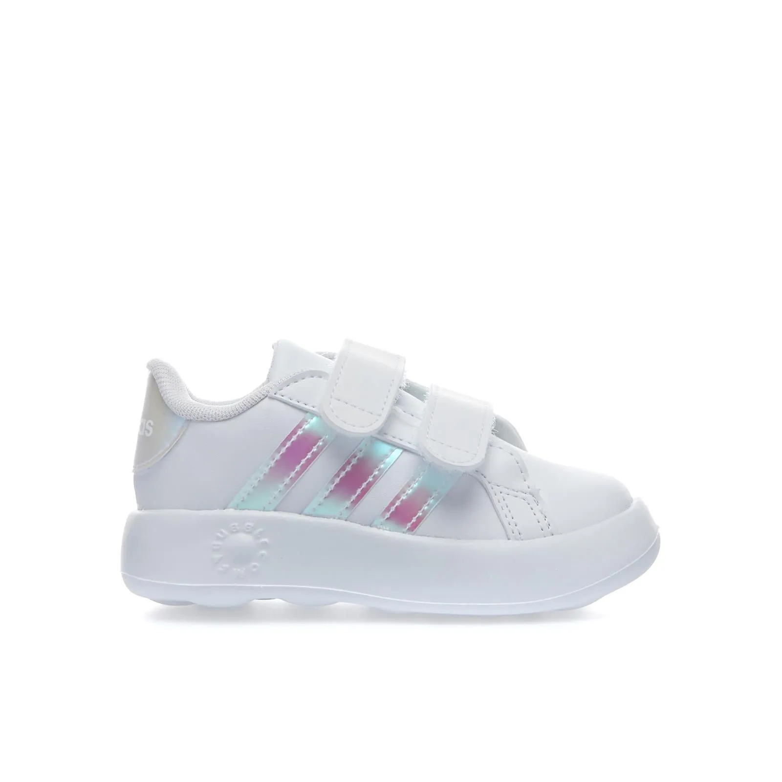 Sneakers bianche bimba da tennis Grand Court 2.0 in pelle con strappi e dettagli cangianti