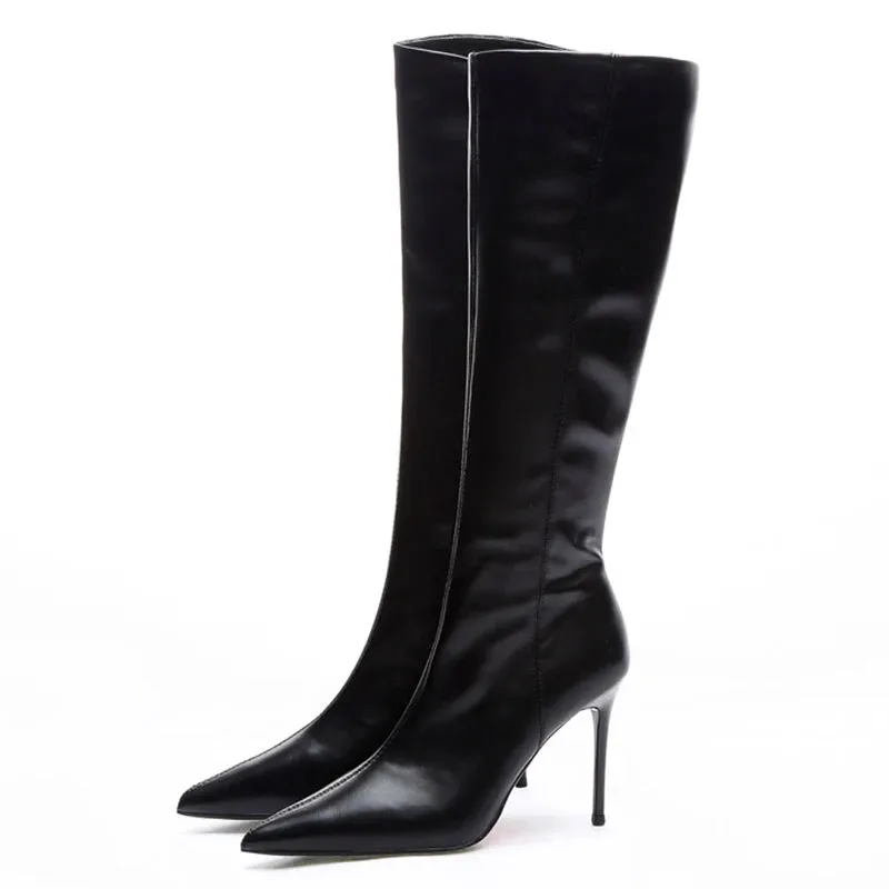 Sohiwoo Black White High Heels Knee High Boots Women Autumn Pu Leather Pointed Toe Long Boots Woman Thin Heeled Knight Botas Shoes