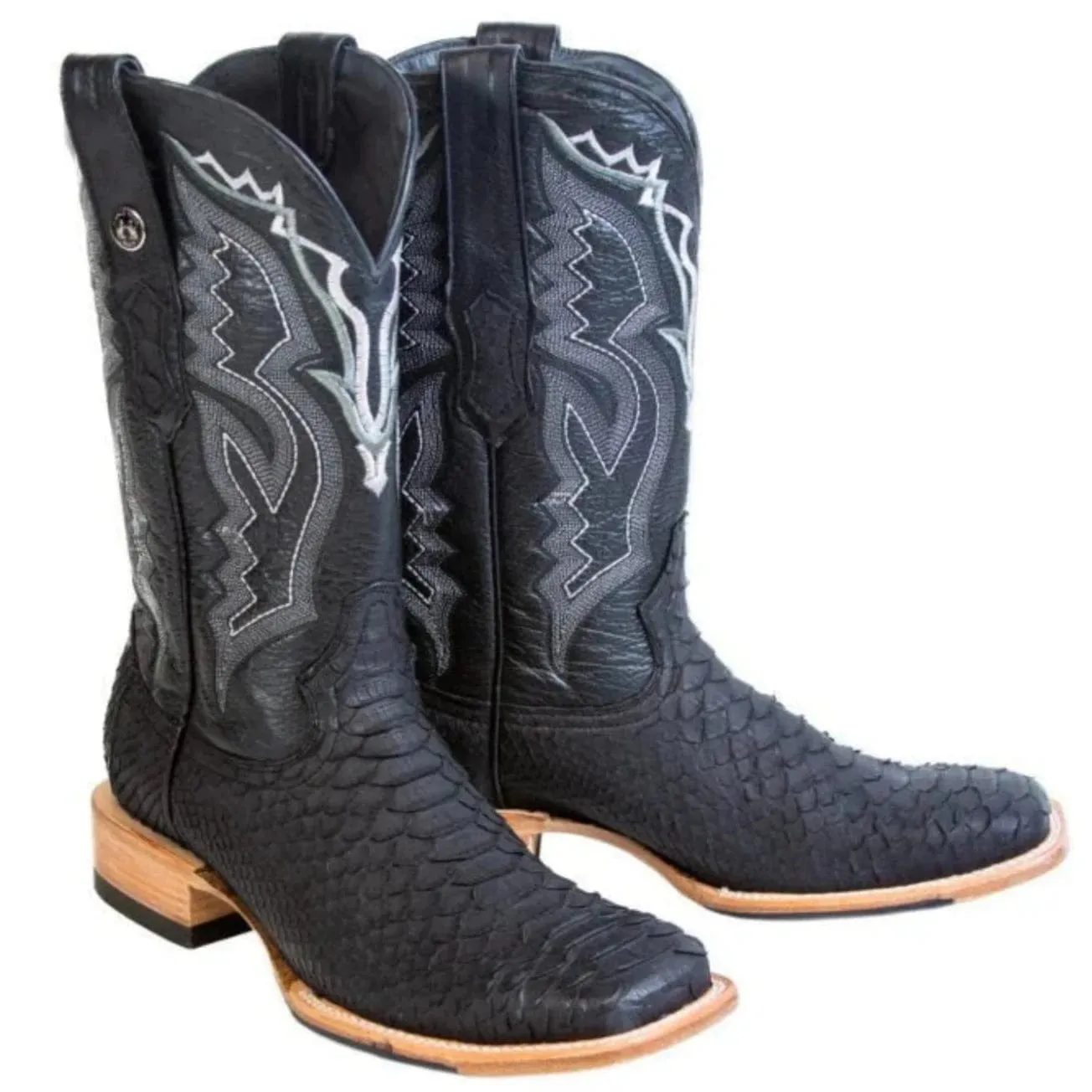 Tanner Mark Men's Genuine Python Square Toe Boots Matte Black TMX208038