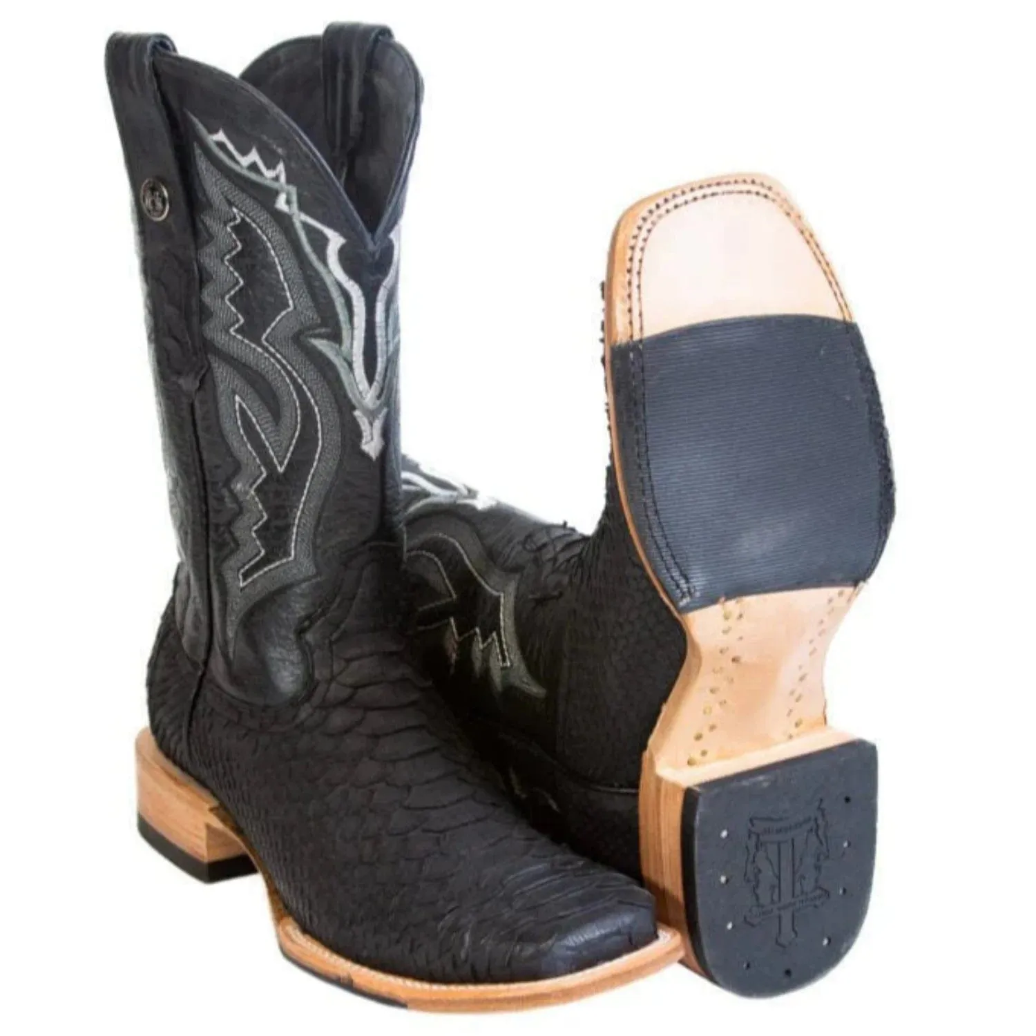 Tanner Mark Men's Genuine Python Square Toe Boots Matte Black TMX208038