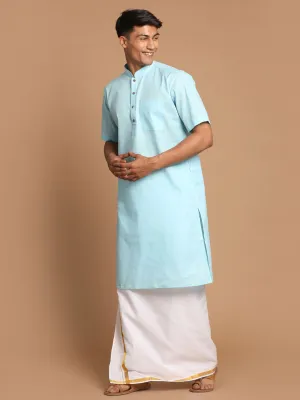 Vastramay Men's Aqua Blue Kurta & Mundu