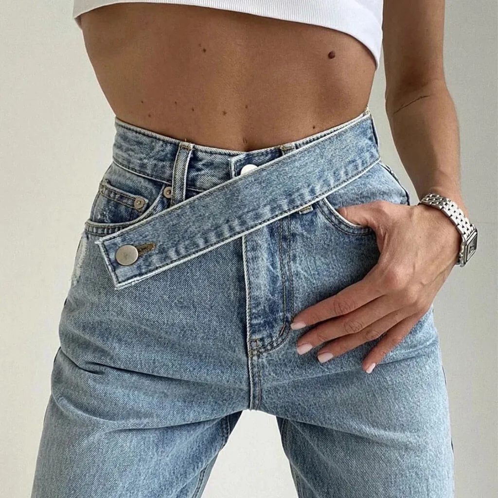 Vintage Belted High Waist Faded Wide Leg Jeans - Light Blue