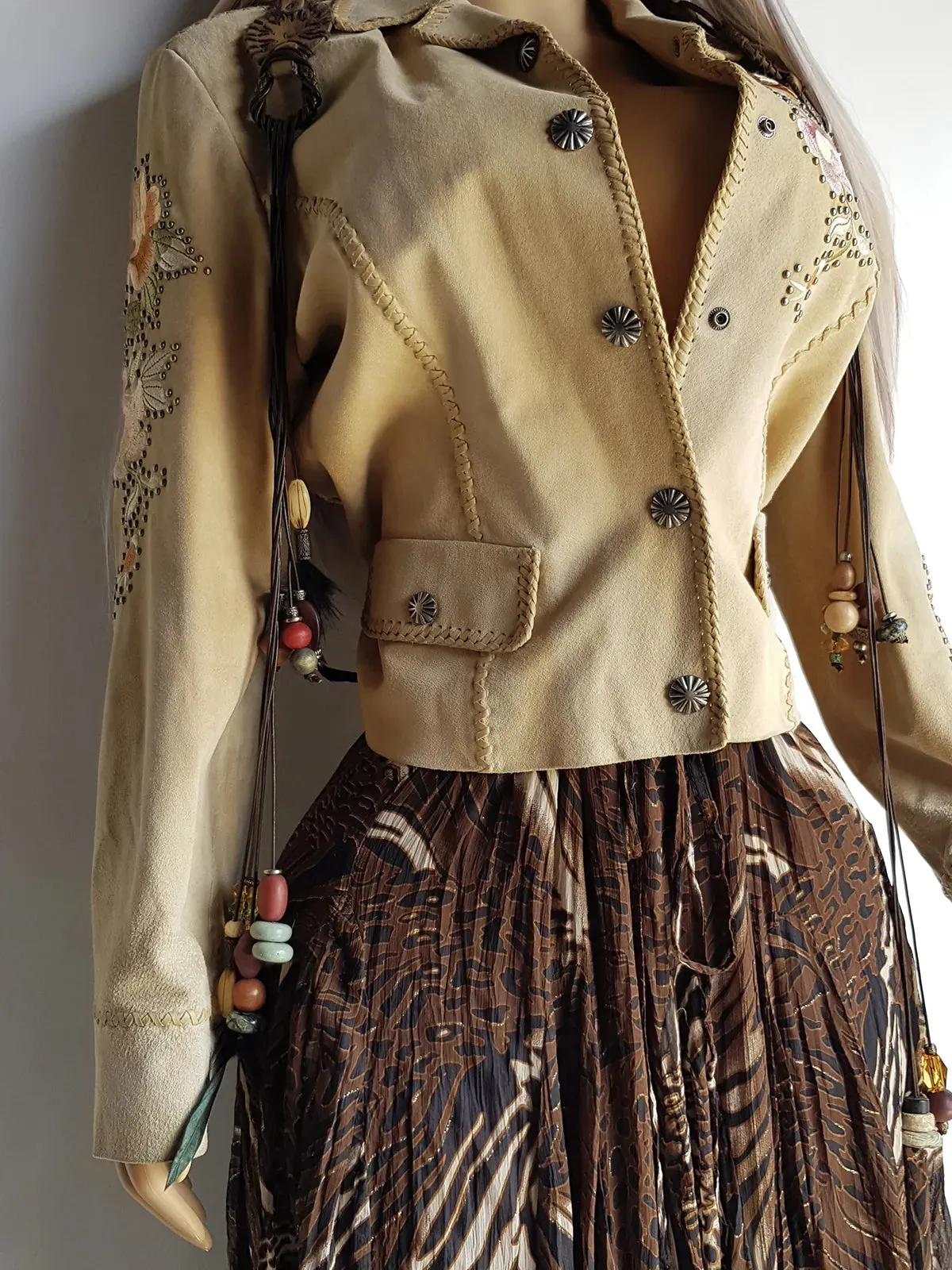 Vintage Embroidered & Studded Suede Jacket with intricate leatherwork detailing