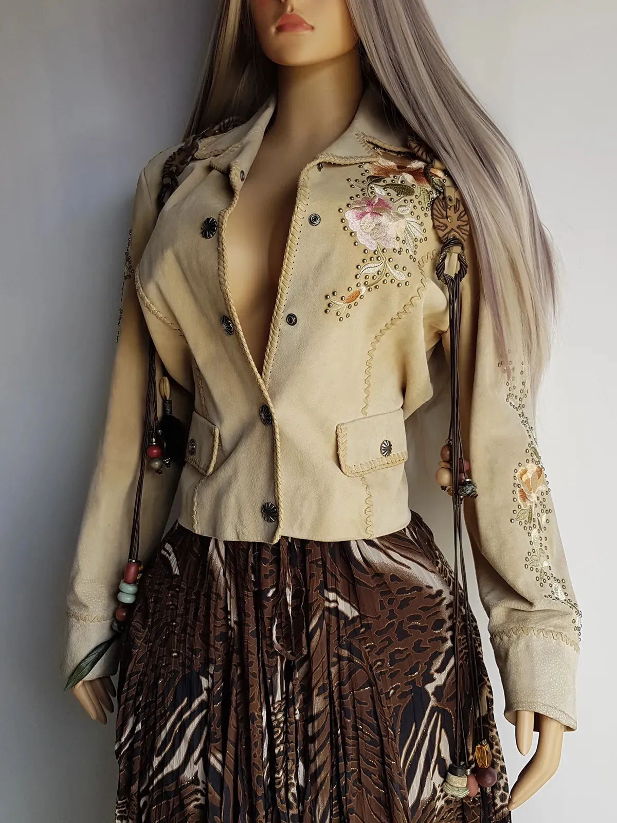 Vintage Embroidered & Studded Suede Jacket with intricate leatherwork detailing