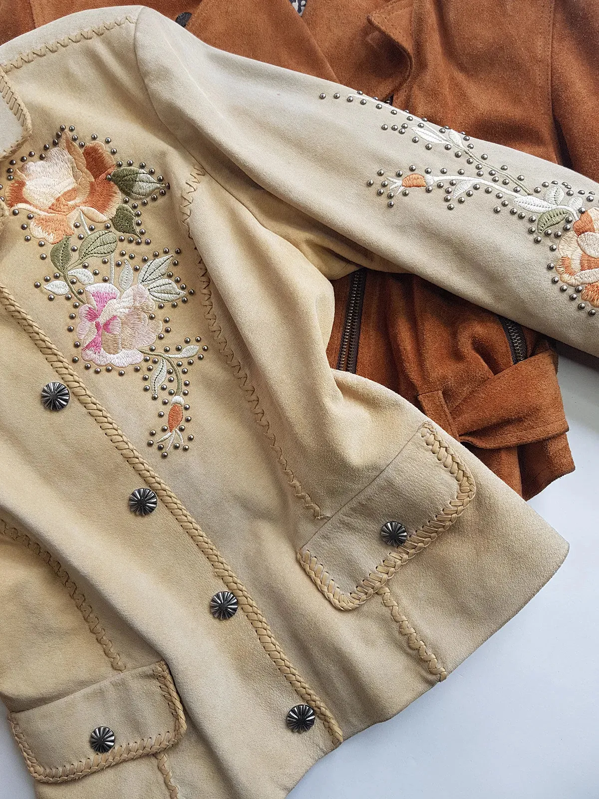 Vintage Embroidered & Studded Suede Jacket with intricate leatherwork detailing