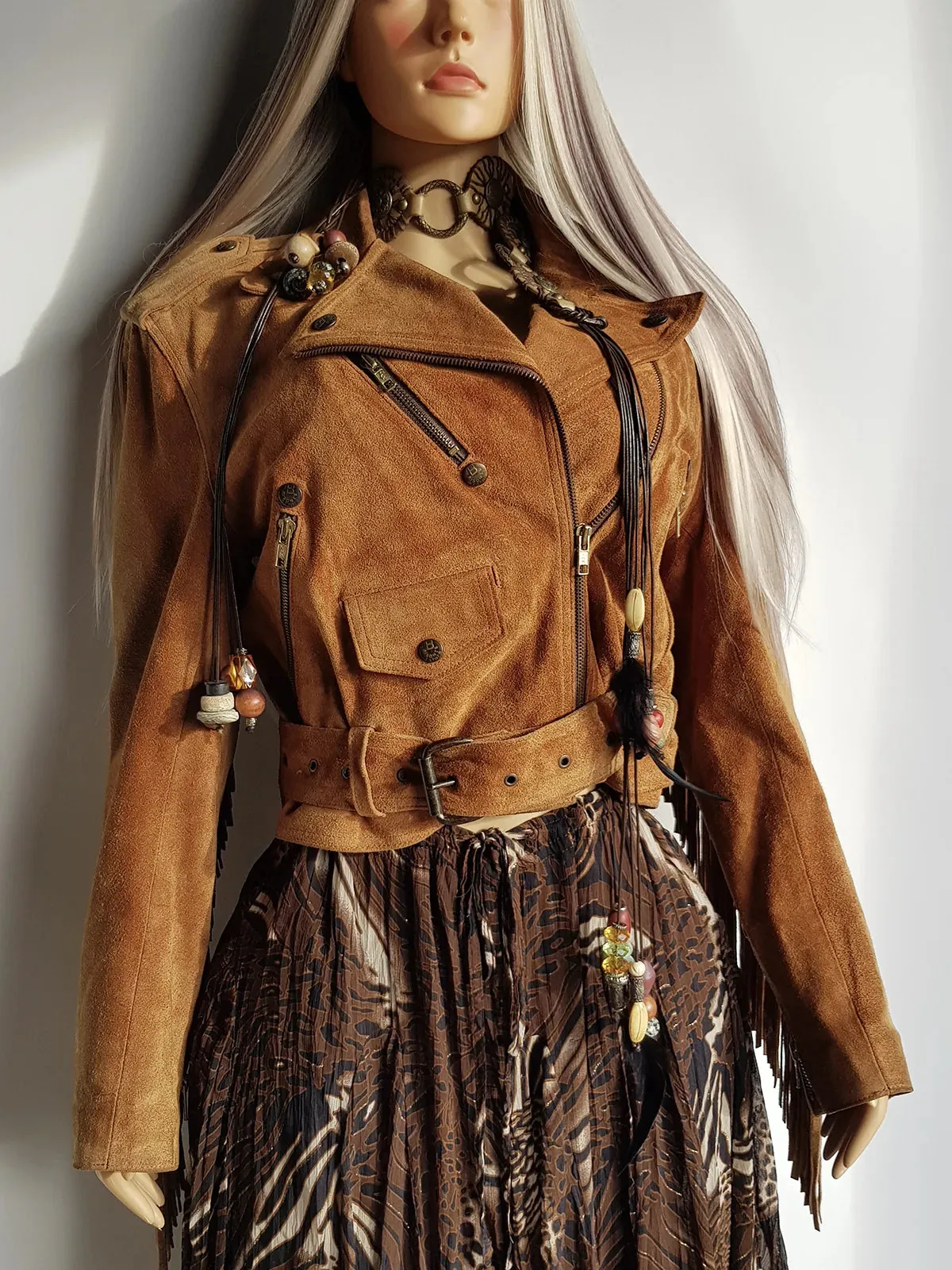 Vintage Perfect Motorcycle Tassel Jacket - Rich Tan 100% Genuine Suede - Metal Hardware - Fully Lined Jacket