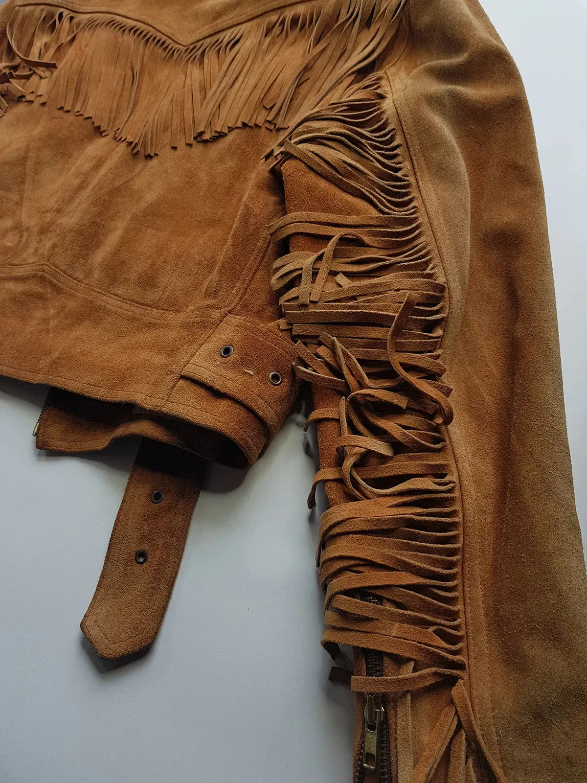 Vintage Perfect Motorcycle Tassel Jacket - Rich Tan 100% Genuine Suede - Metal Hardware - Fully Lined Jacket