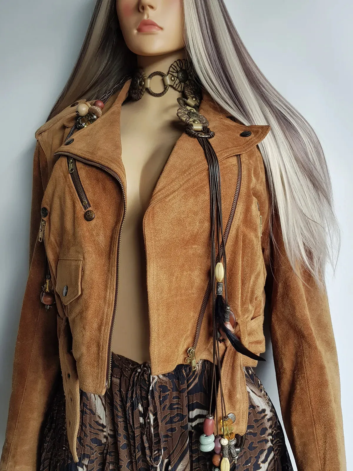 Vintage Perfect Motorcycle Tassel Jacket - Rich Tan 100% Genuine Suede - Metal Hardware - Fully Lined Jacket