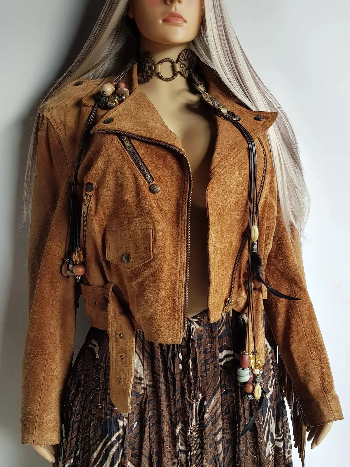 Vintage Perfect Motorcycle Tassel Jacket - Rich Tan 100% Genuine Suede - Metal Hardware - Fully Lined Jacket