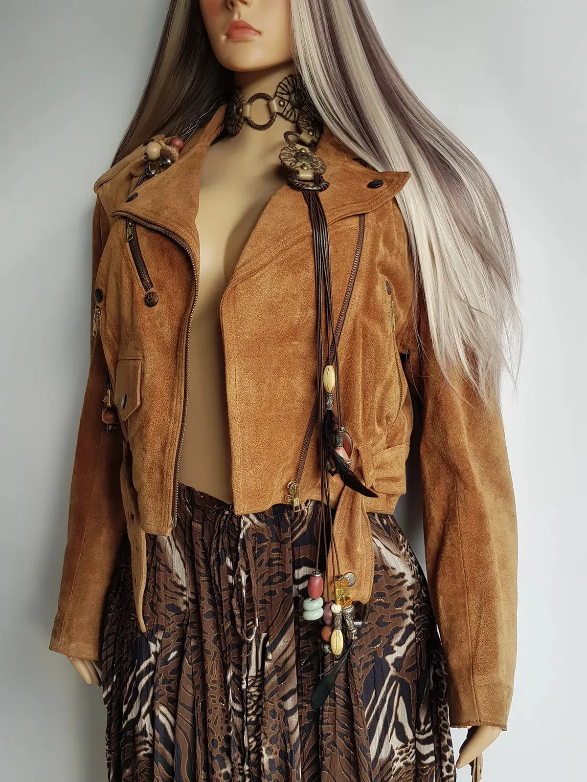 Vintage Perfect Motorcycle Tassel Jacket - Rich Tan 100% Genuine Suede - Metal Hardware - Fully Lined Jacket