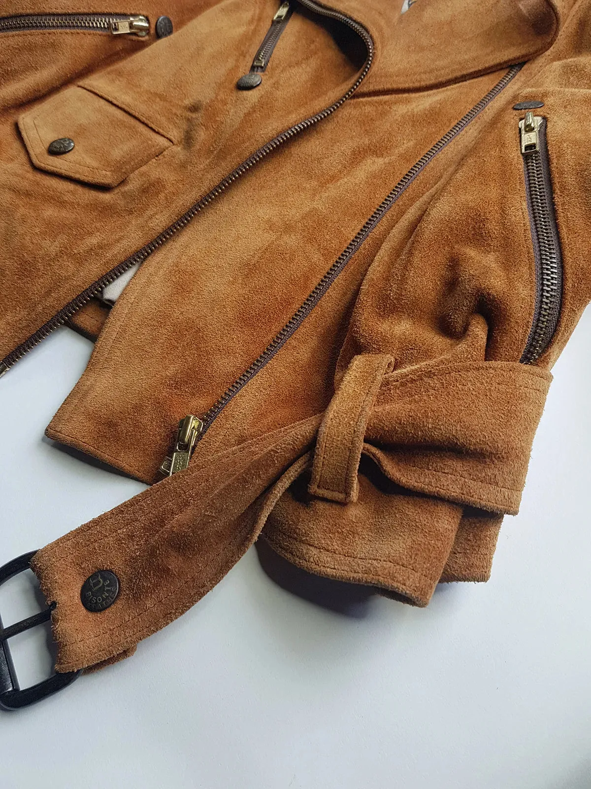 Vintage Perfect Motorcycle Tassel Jacket - Rich Tan 100% Genuine Suede - Metal Hardware - Fully Lined Jacket