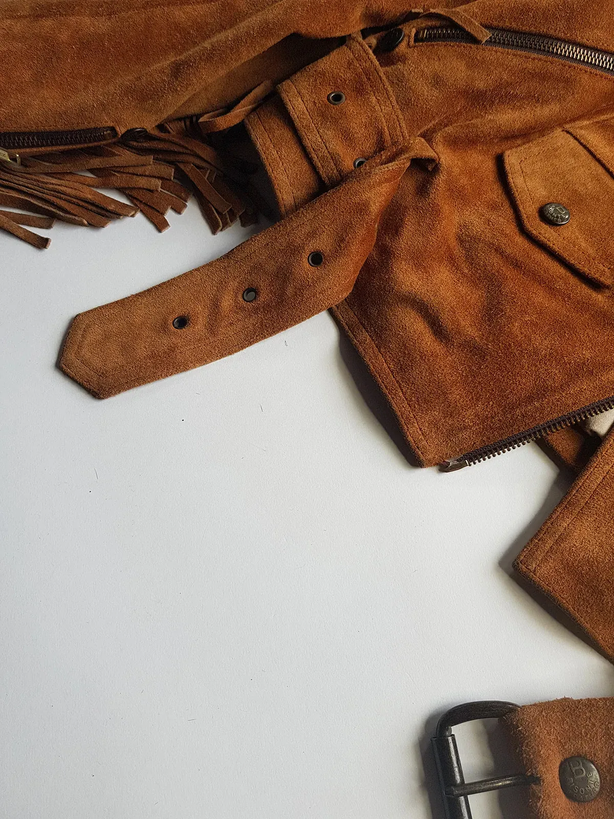 Vintage Perfect Motorcycle Tassel Jacket - Rich Tan 100% Genuine Suede - Metal Hardware - Fully Lined Jacket