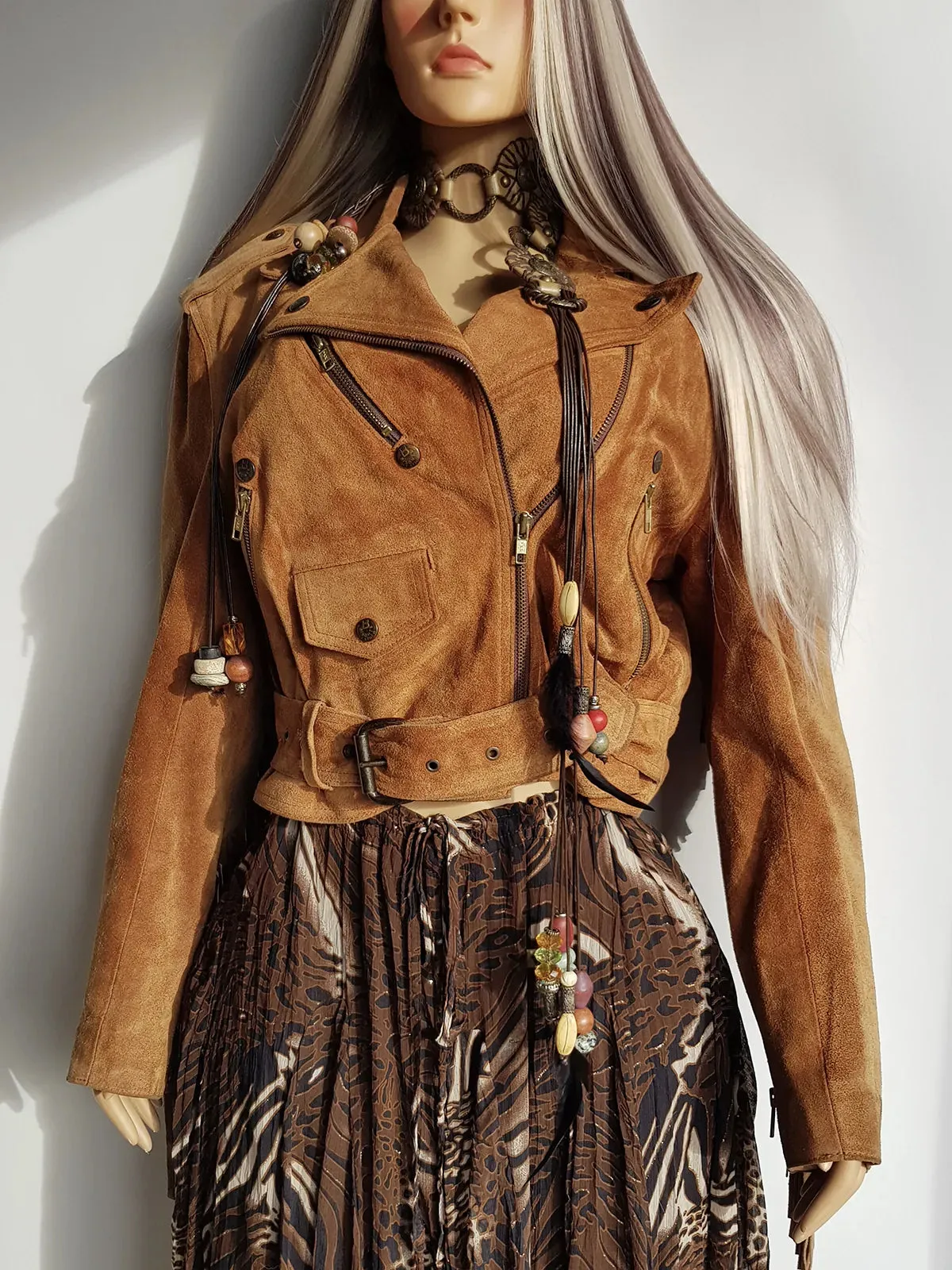 Vintage Perfect Motorcycle Tassel Jacket - Rich Tan 100% Genuine Suede - Metal Hardware - Fully Lined Jacket