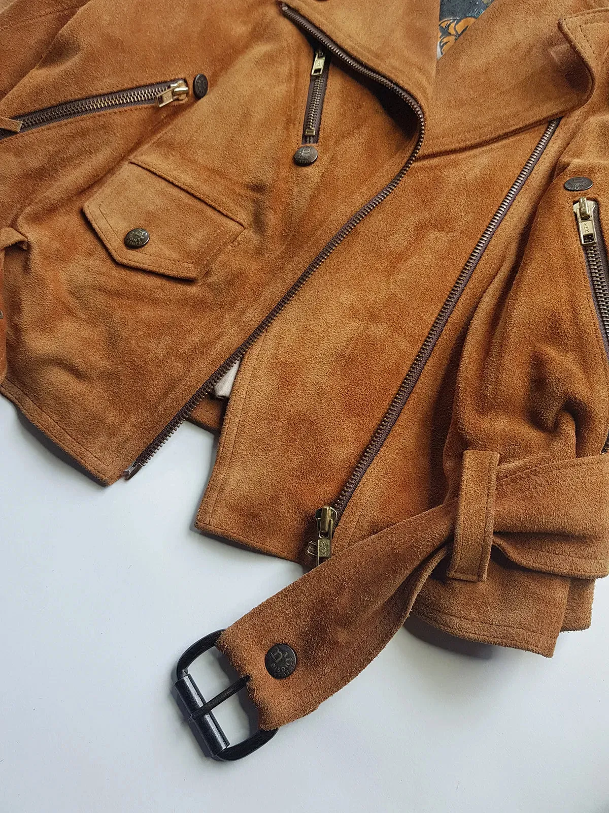 Vintage Perfect Motorcycle Tassel Jacket - Rich Tan 100% Genuine Suede - Metal Hardware - Fully Lined Jacket