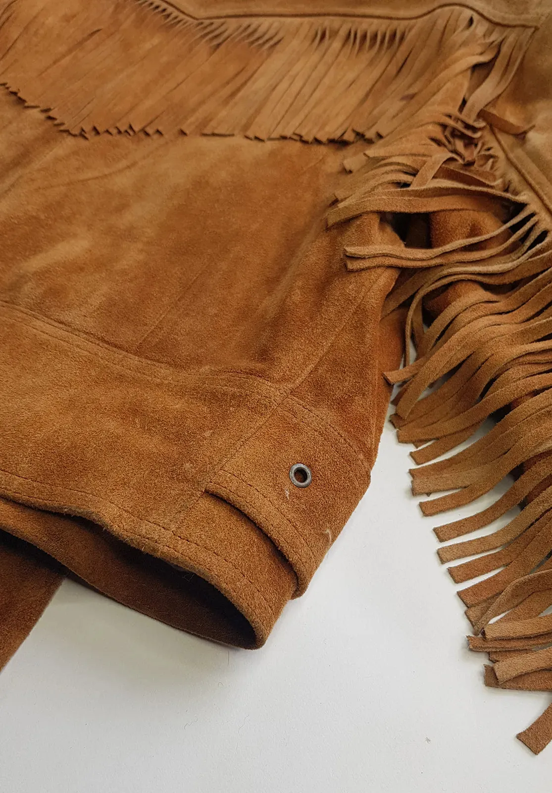 Vintage Perfect Motorcycle Tassel Jacket - Rich Tan 100% Genuine Suede - Metal Hardware - Fully Lined Jacket