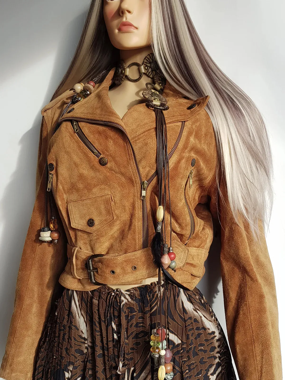 Vintage Perfect Motorcycle Tassel Jacket - Rich Tan 100% Genuine Suede - Metal Hardware - Fully Lined Jacket