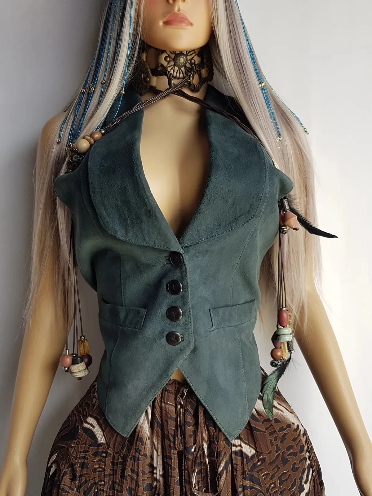 Vintage Whimsigoth Buttery Soft Hourglass 100% Genuine Suede Motorcycle Vest - Deep Sea Green - Button Front - Fully Lined - 1980s