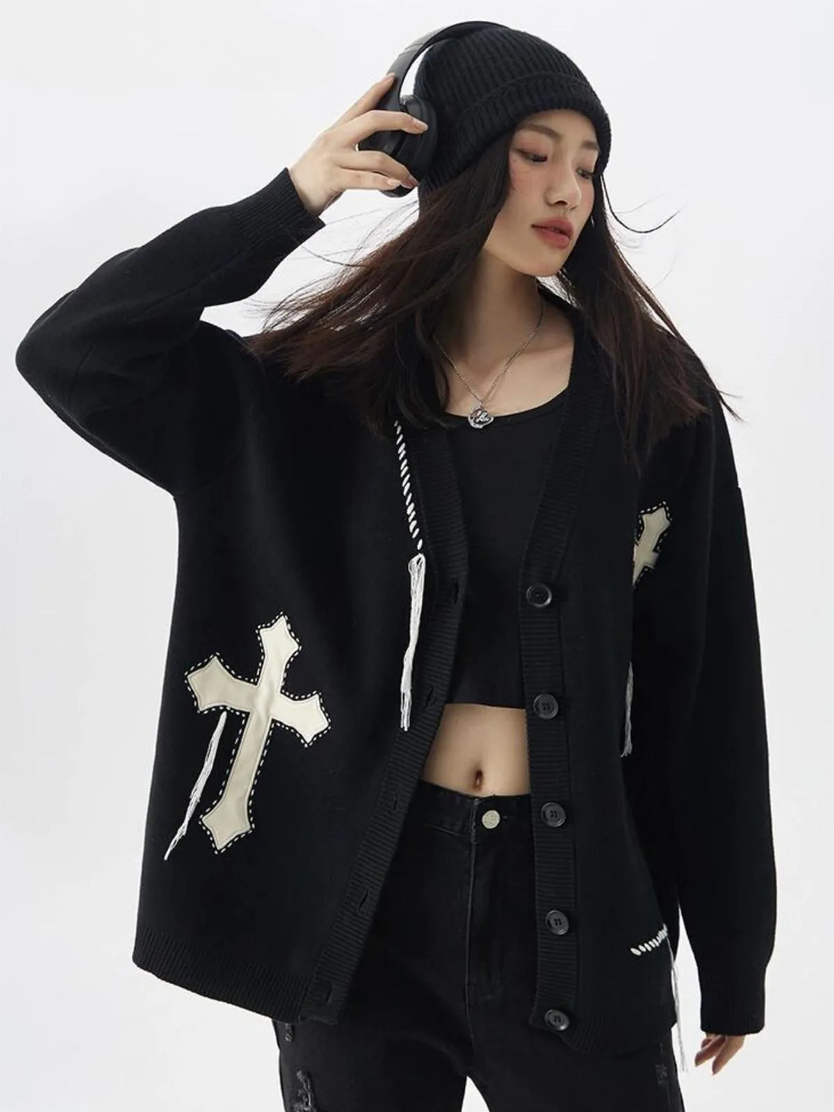 We Love Street Embroidered Cross V-neck Knitted Cardigan