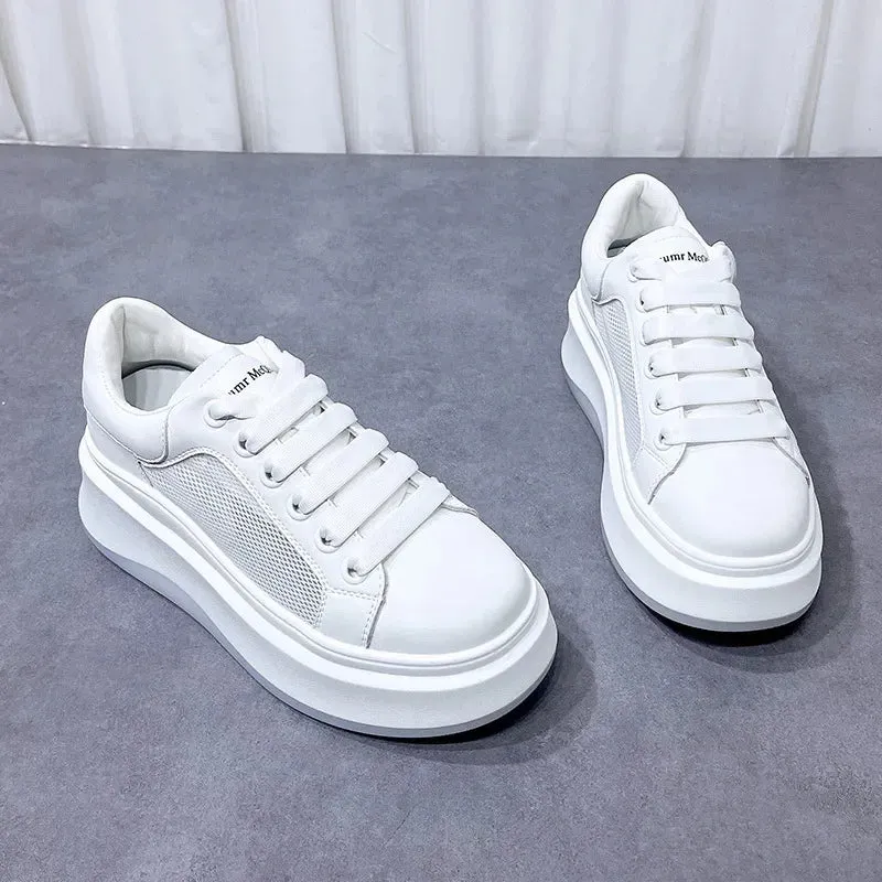 Wjczt Small stature, tall, small white shoes, women's genuine leather 2024 thick soled sponge cake mesh casual board shoes, breathable