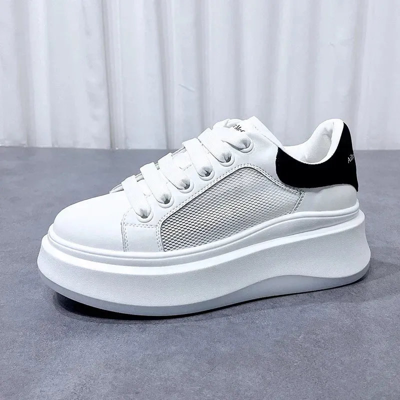 Wjczt Small stature, tall, small white shoes, women's genuine leather 2024 thick soled sponge cake mesh casual board shoes, breathable