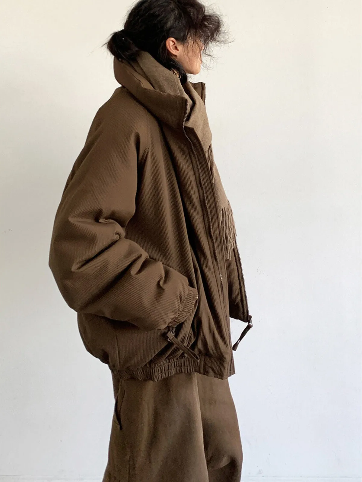 WLS Brown Vertical Striped Retro Winter Jacket